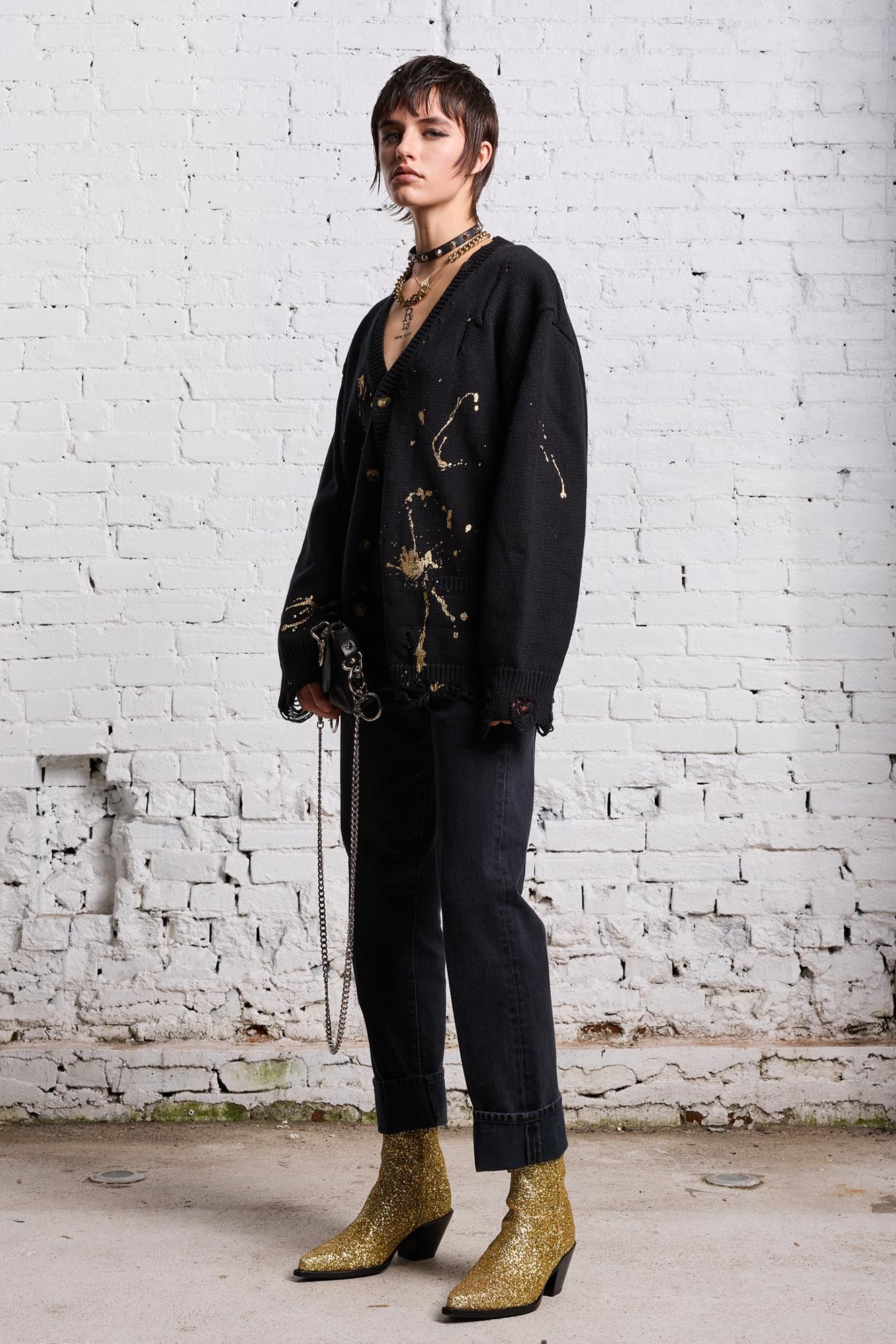 BOYFRIEND CARDIGAN - GOLD SPLATTERED BLACK - 3