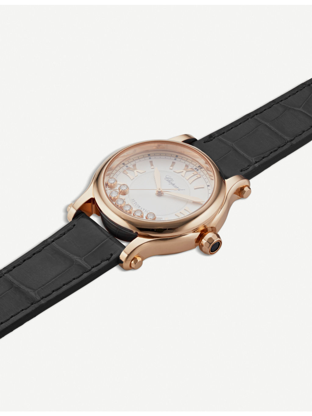 Happy Sport medium 18ct rose-gold diamond and alligator-embossed leather automatic watch - 3