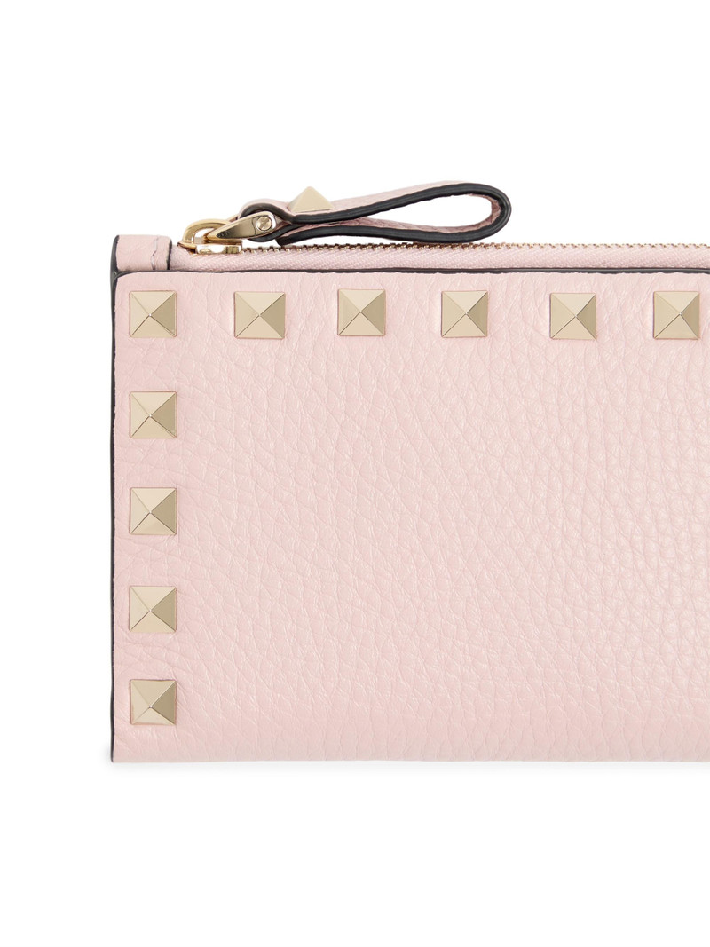 Women's Rockstud Grainy Calfskin Card Holder with Zipper - Pink 3
