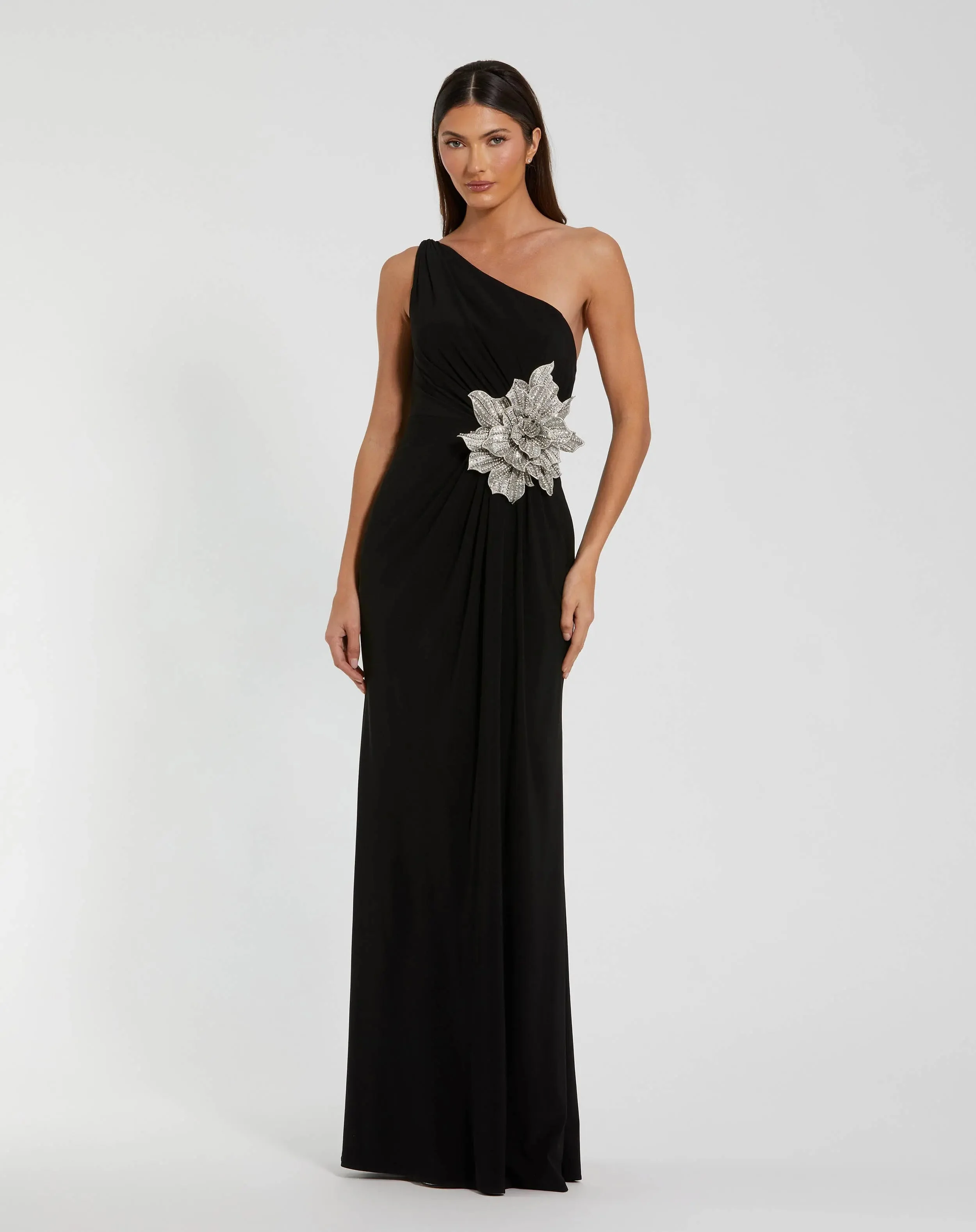 Black One Shoulder Jersey Gown With Rhinestone Flower - 1