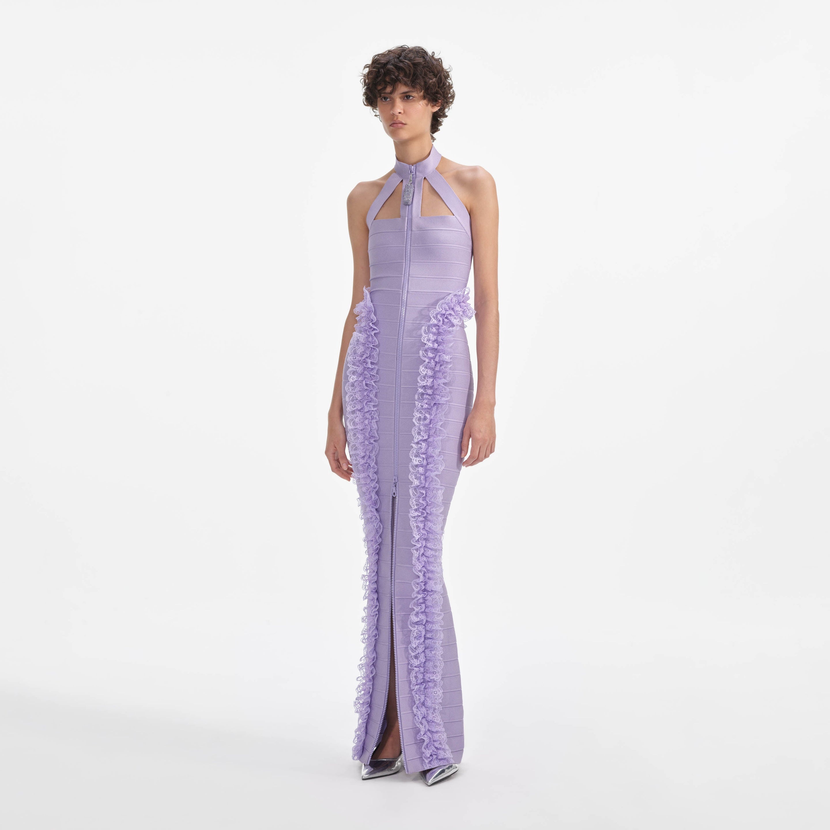 【関税&送料込】Self-portrait Dresses Purple self-portrait Purple Knit Zip Ruffle Maxi Dress | REVERSIBLE