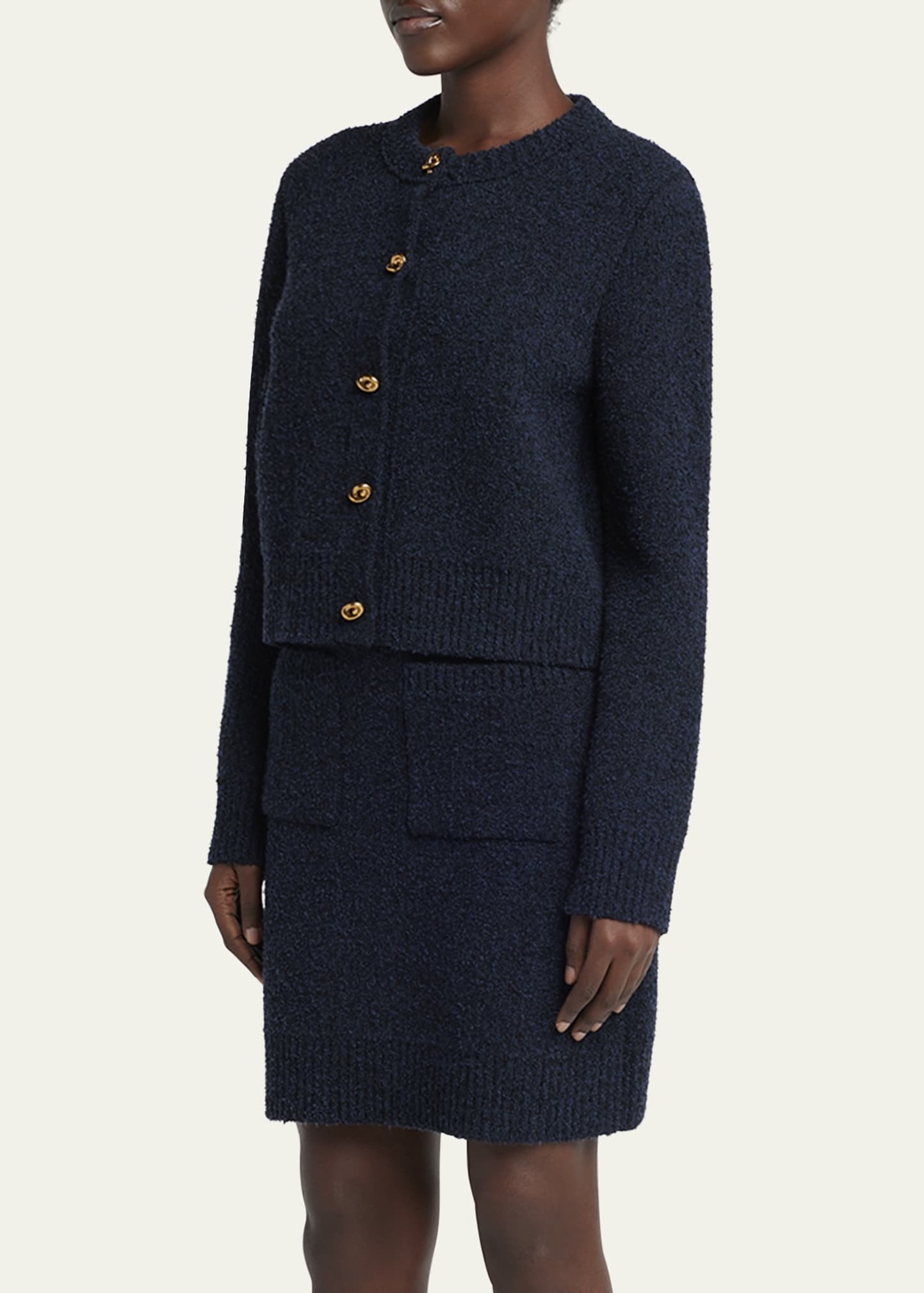 Knot-Button Boucle Knit Cardigan - 4