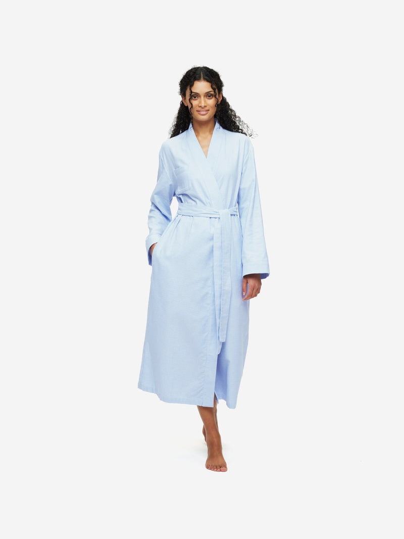 Derek Rose Women's Long Dressing Gown Kelburn 23 Brushed Cotton Blue outlook