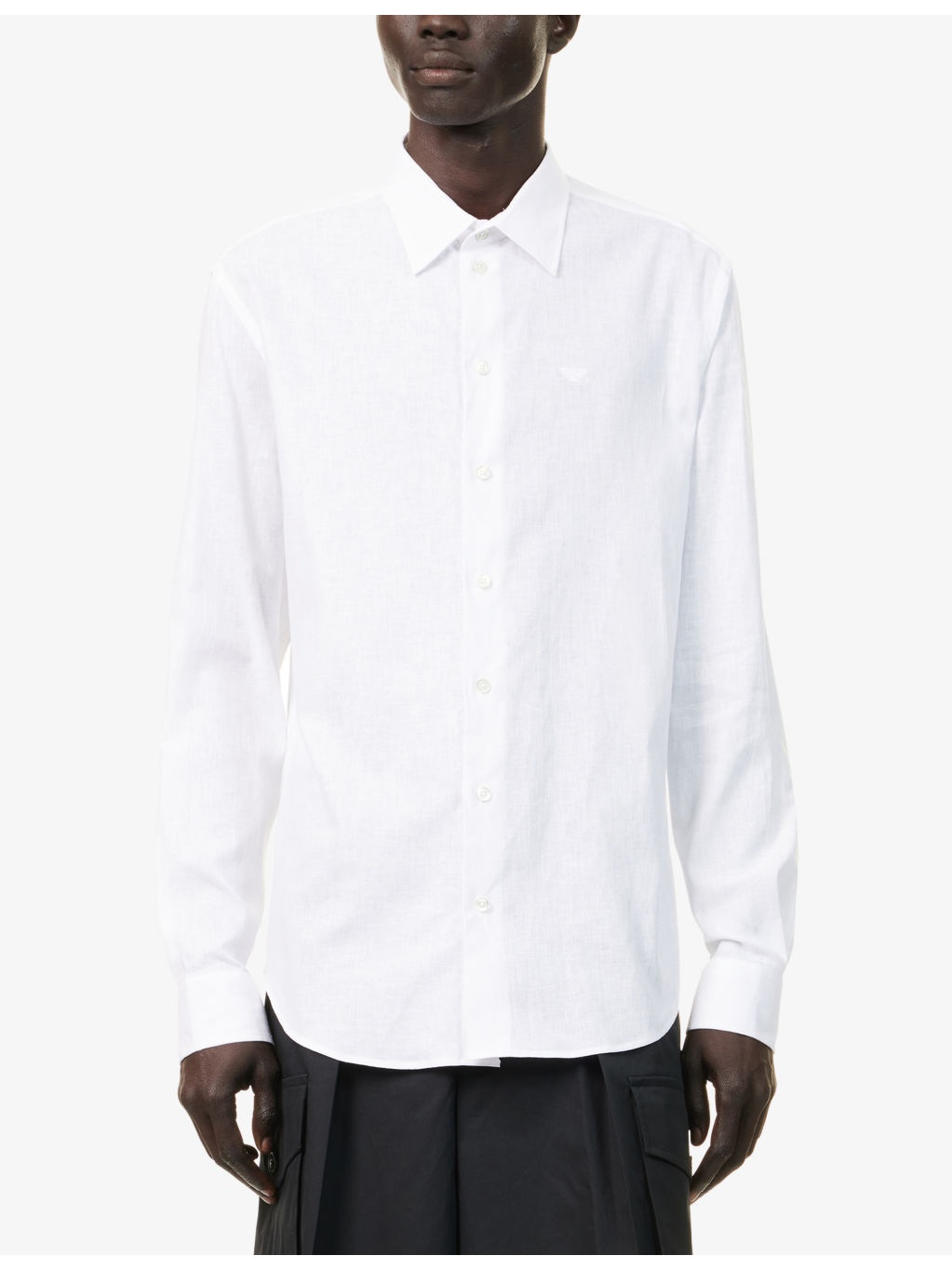 Brand-Embroidery Curved-Hem Linen And Cotton Shirt - 3