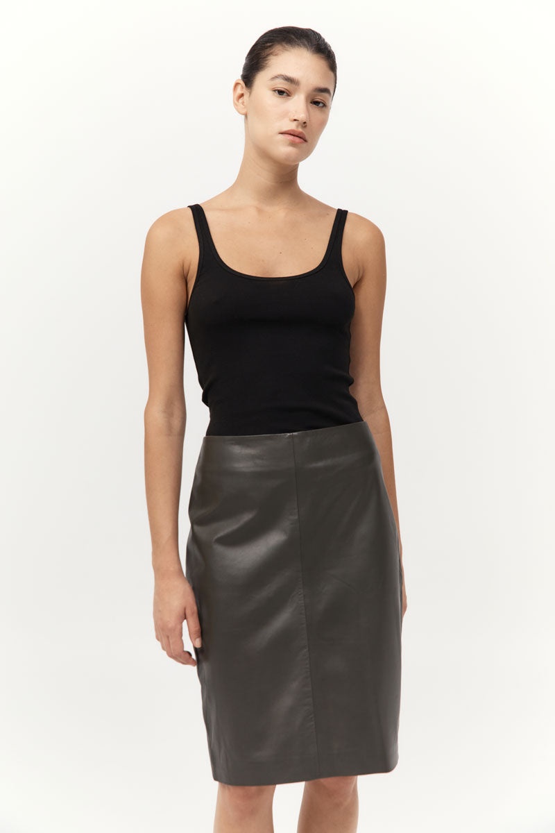 Leather Pencil Skirt - Khaki - 6