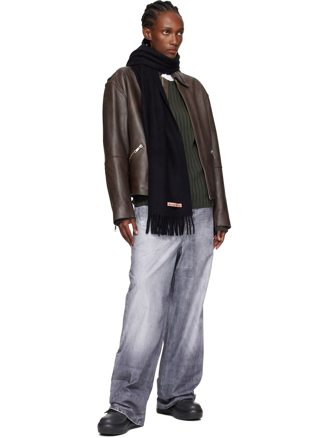 Black Fringe Wool Narrow Scarf - 2