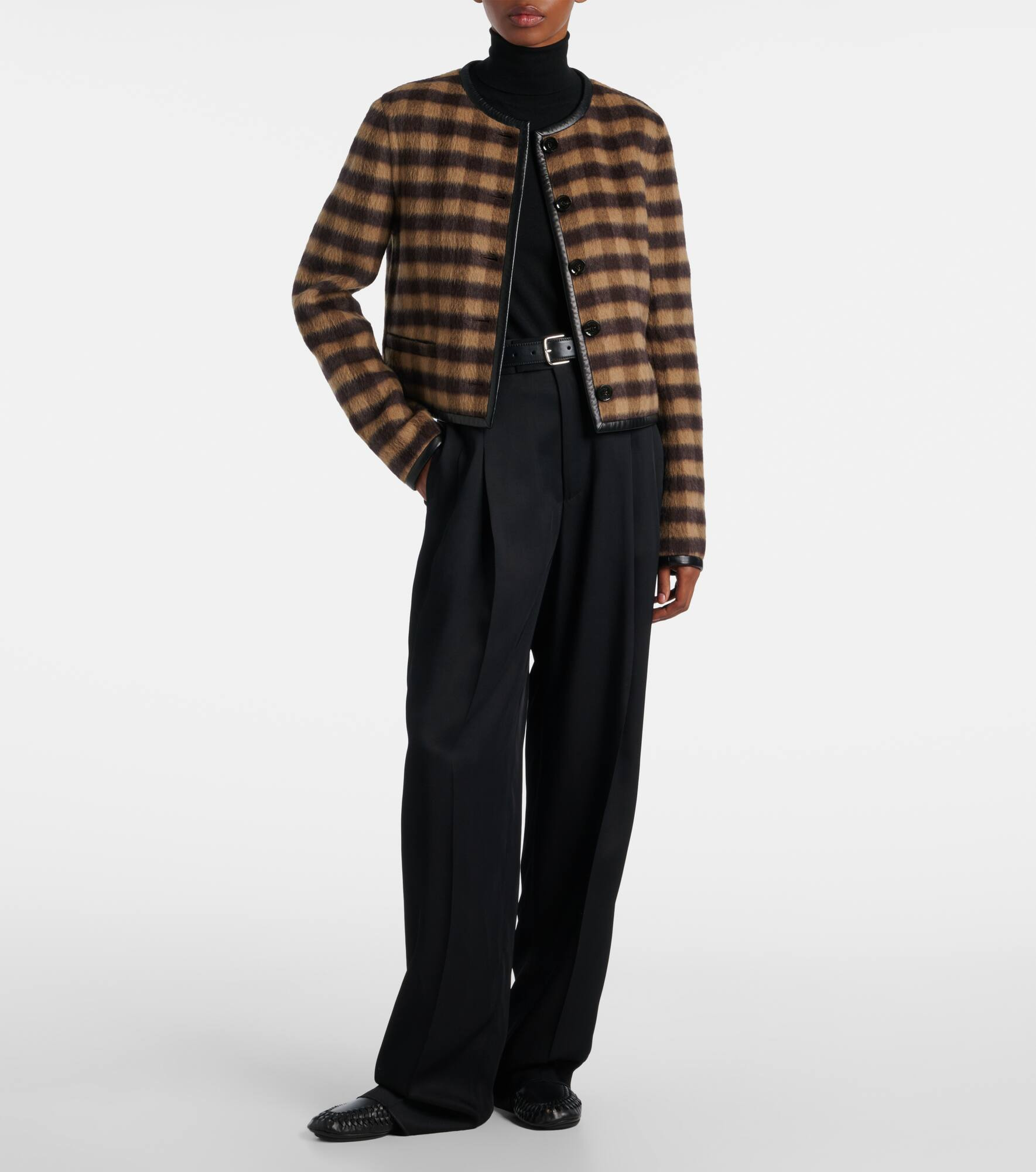 Checked leather-trimmed wool-blend jacket - 7