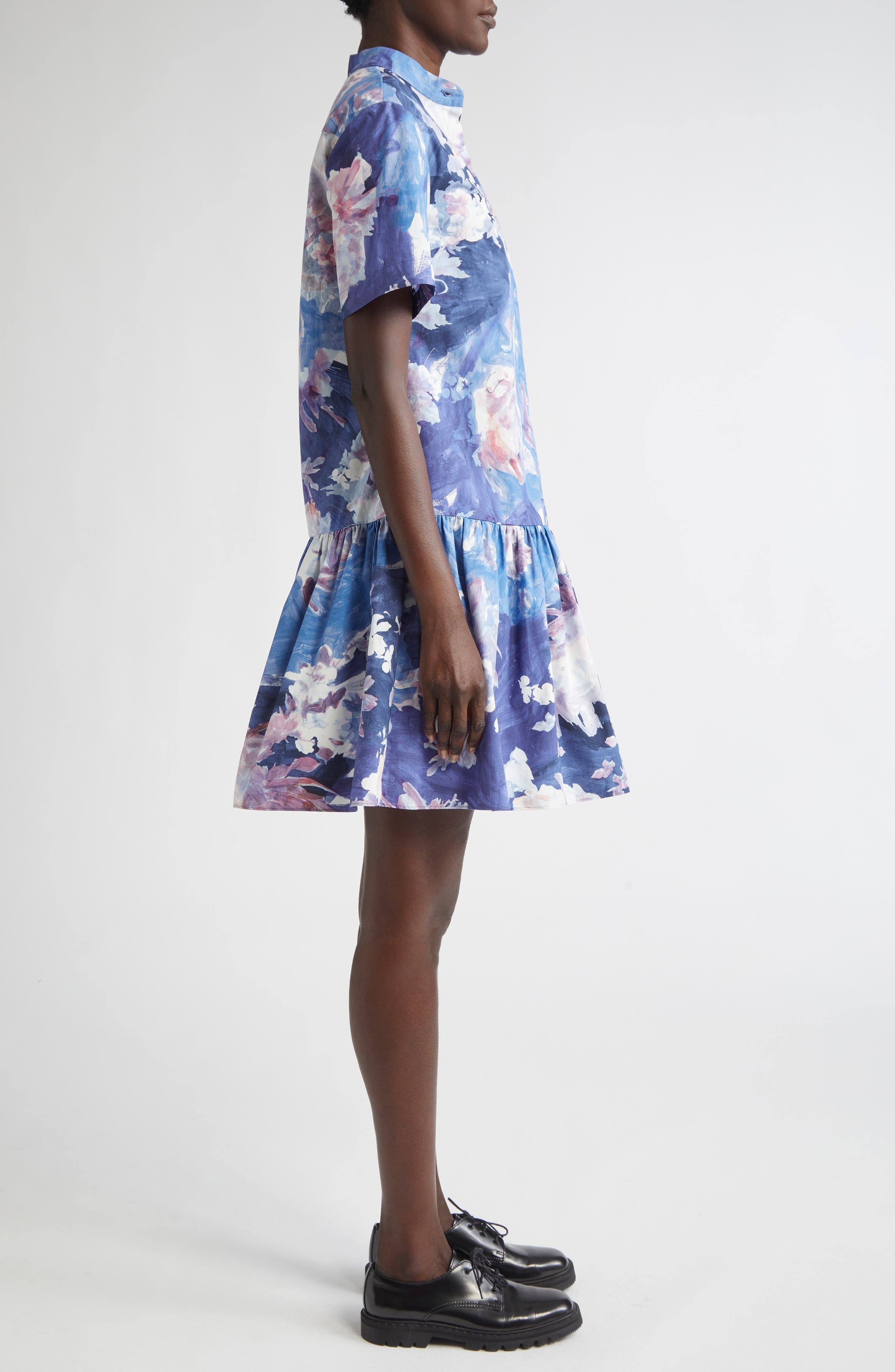 Erdem Short Sleeve Cotton Poplin Mini Shirtdress in Artist Garden Pale Cobalt at Nordstrom - 3