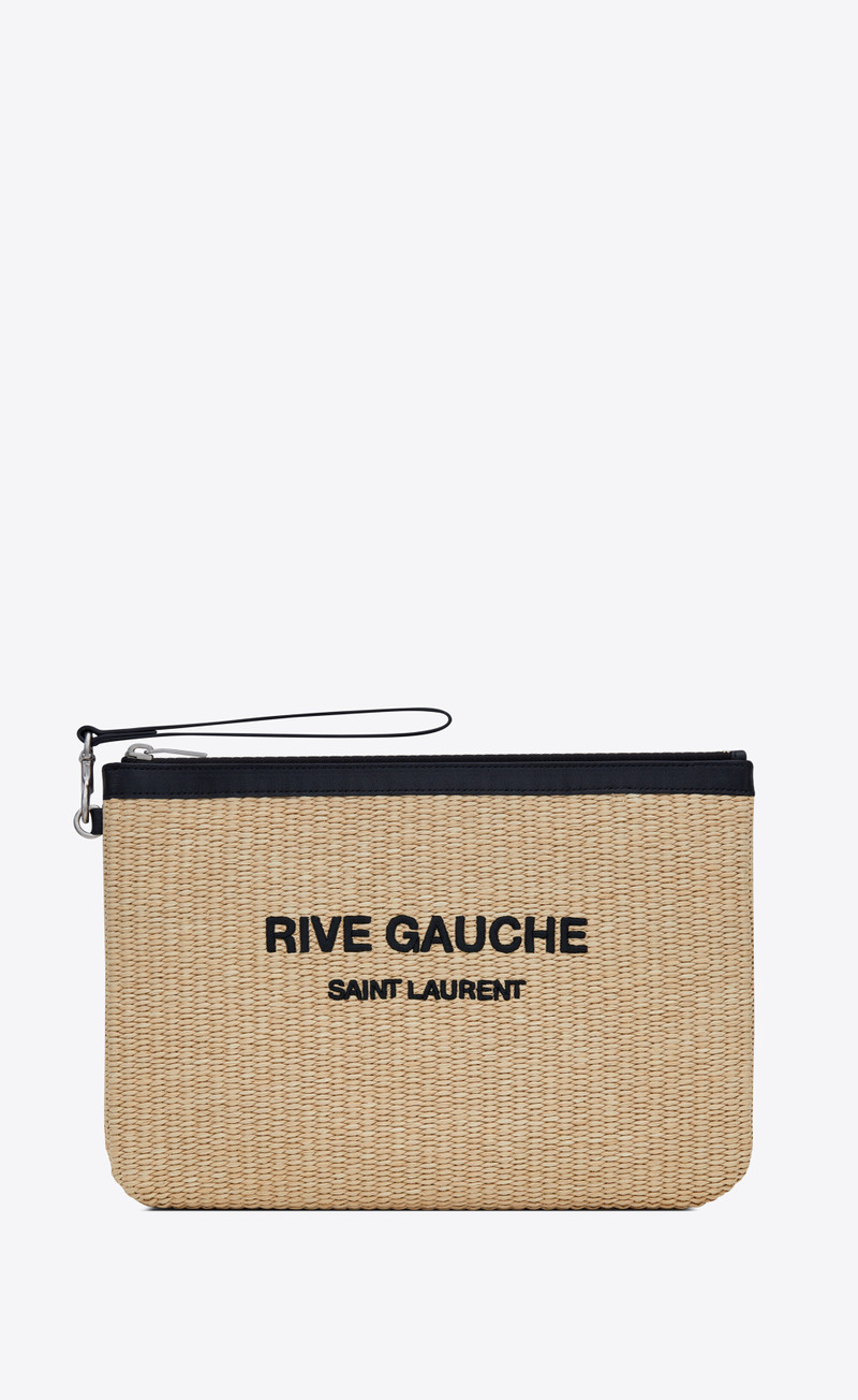 rive gauche zippered pouch in embroidered raffia and leather 1