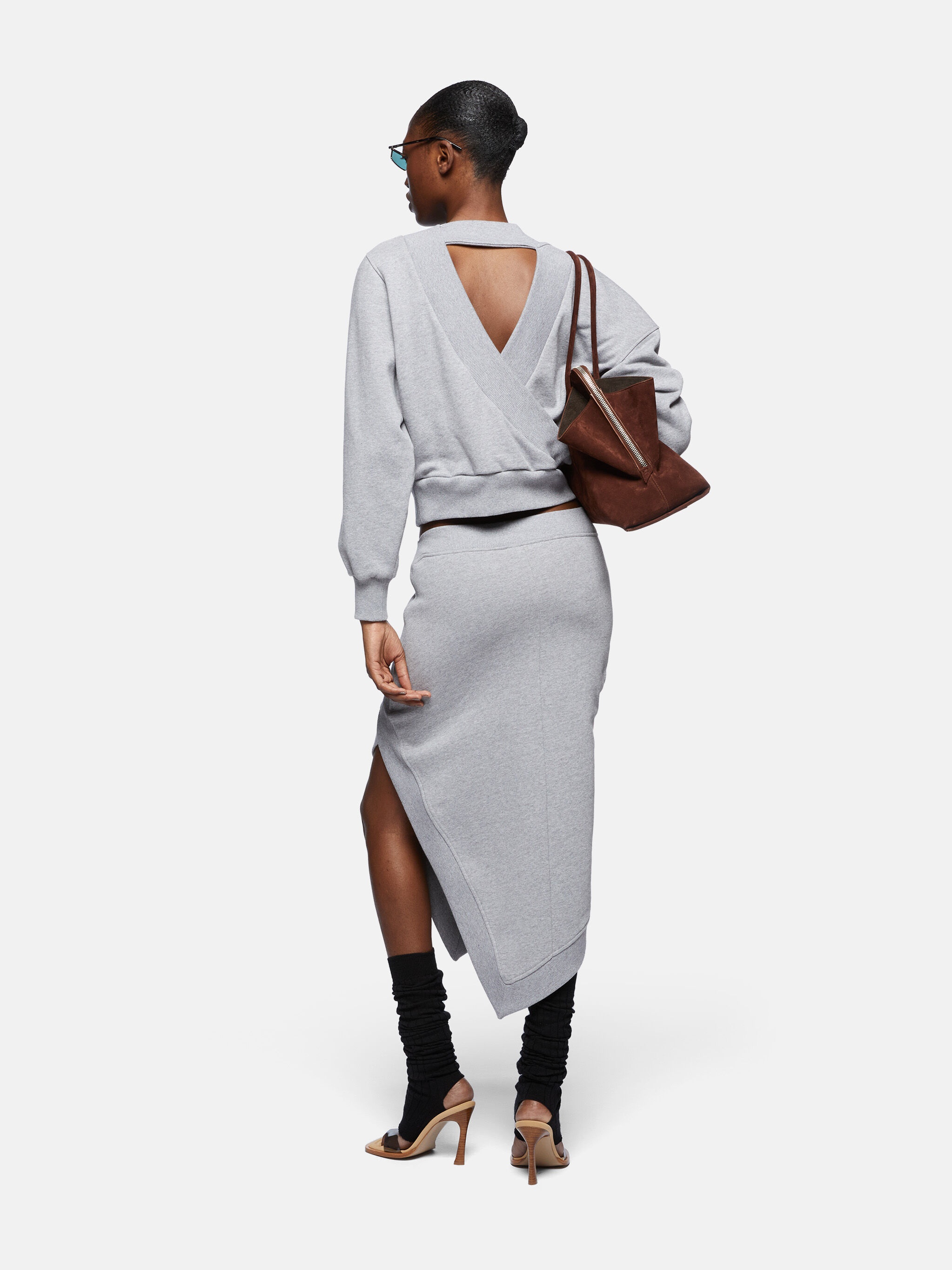 MELANGE GREY AND BEIGE MIDI SKIRT - 3