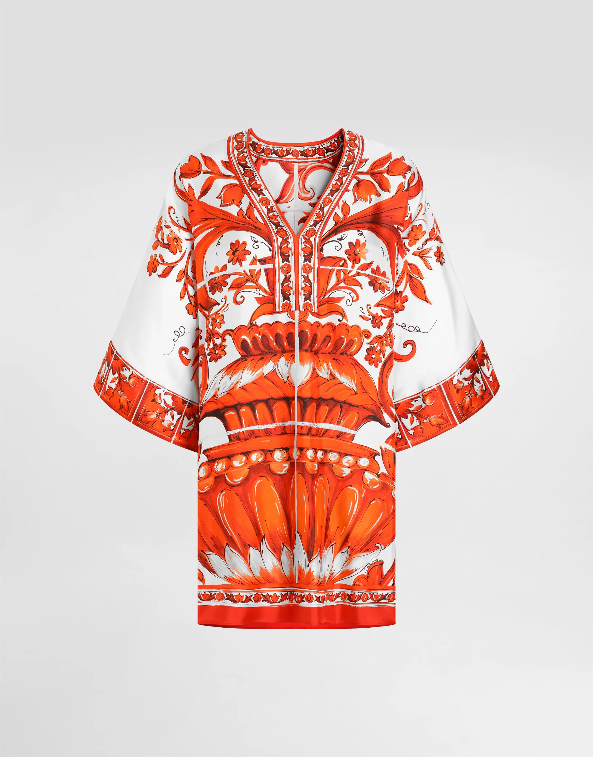 Majolica-print twill short kimono dress - 1