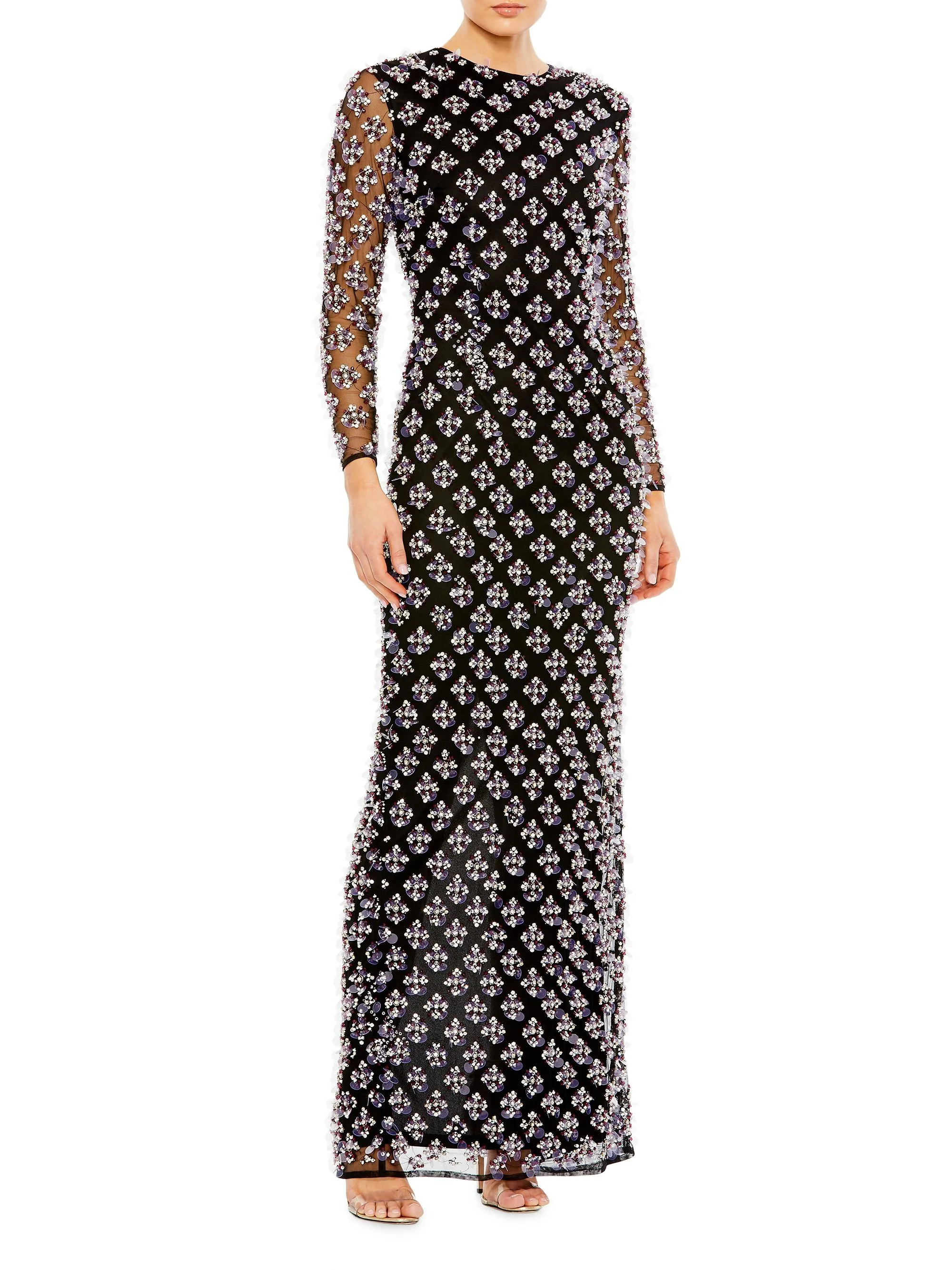 Women's Beaded Long-Sleeve Gown - Black - 1
