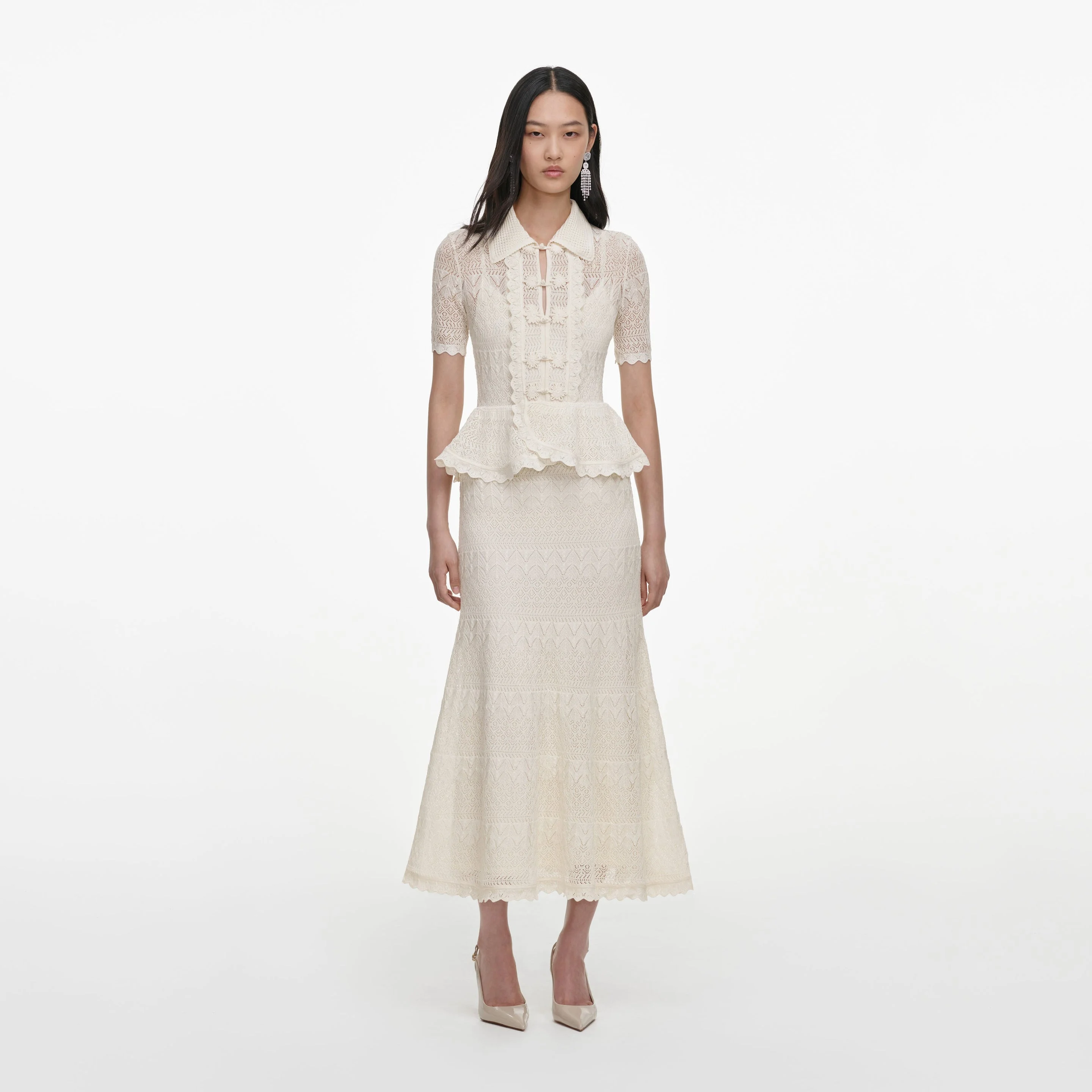 Cream Pointelle Knit Wrap Peplum Midi Dress - 1