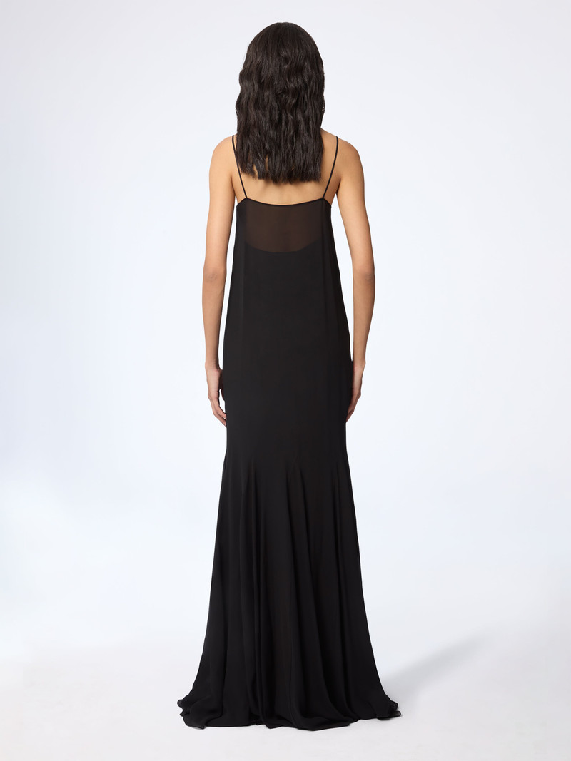 Black Long Embroidered Flowers Silk Dress 4