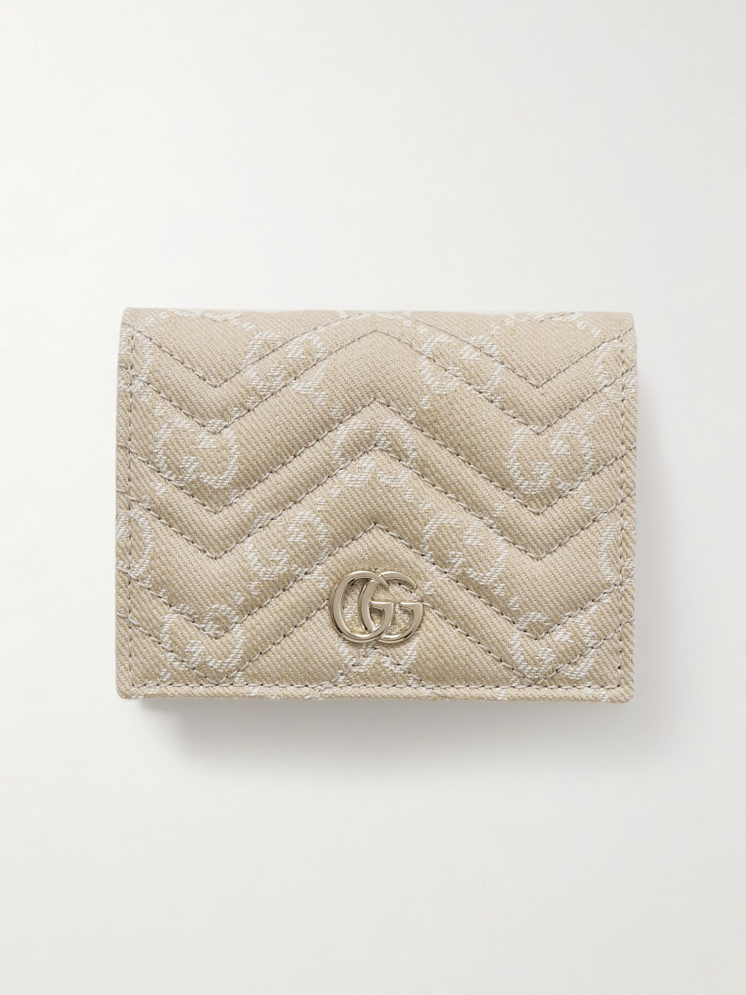 GG Marmont quilted canvas-jacquard and leather wallet Cream - 1