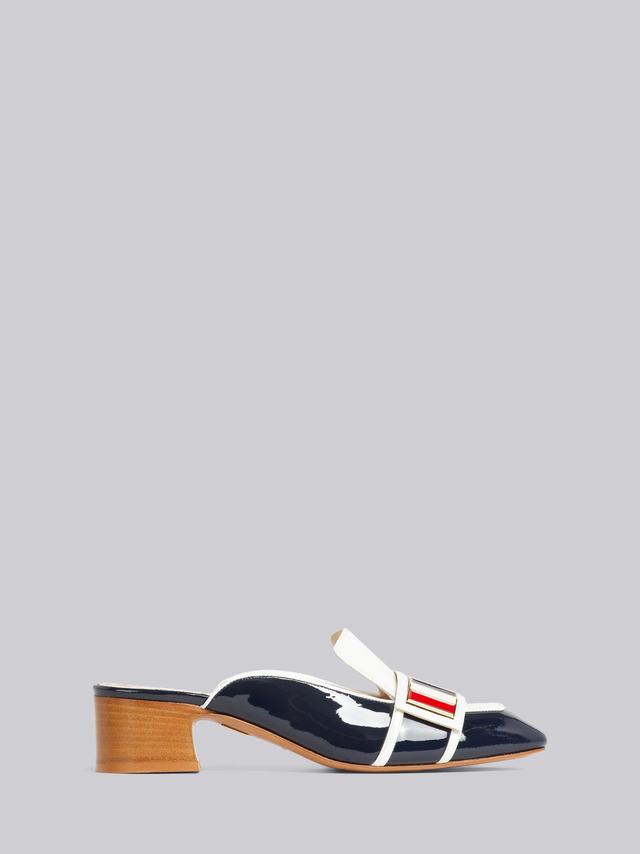 Navy Soft Patent Leather Stripe Enamel Strap 40mm Block Heel Chic Loafer Mule - 1