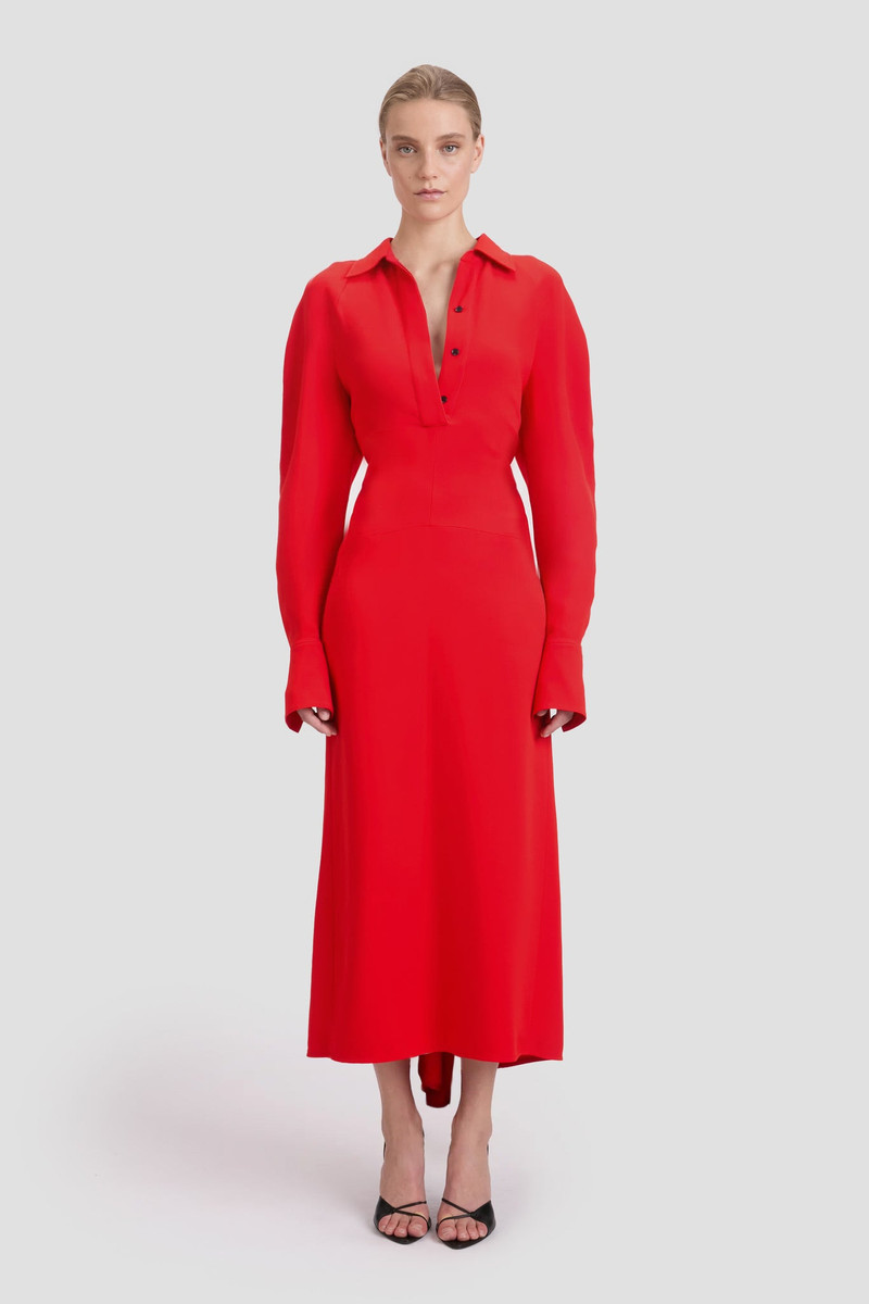 Victoria Beckham Long Sleeve Polo Collar Midi Dress In Tomato Red outlook