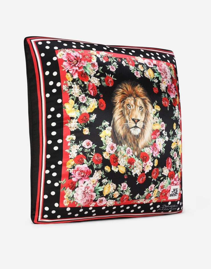 Printed silk pillow with lion mix embroidery - 1