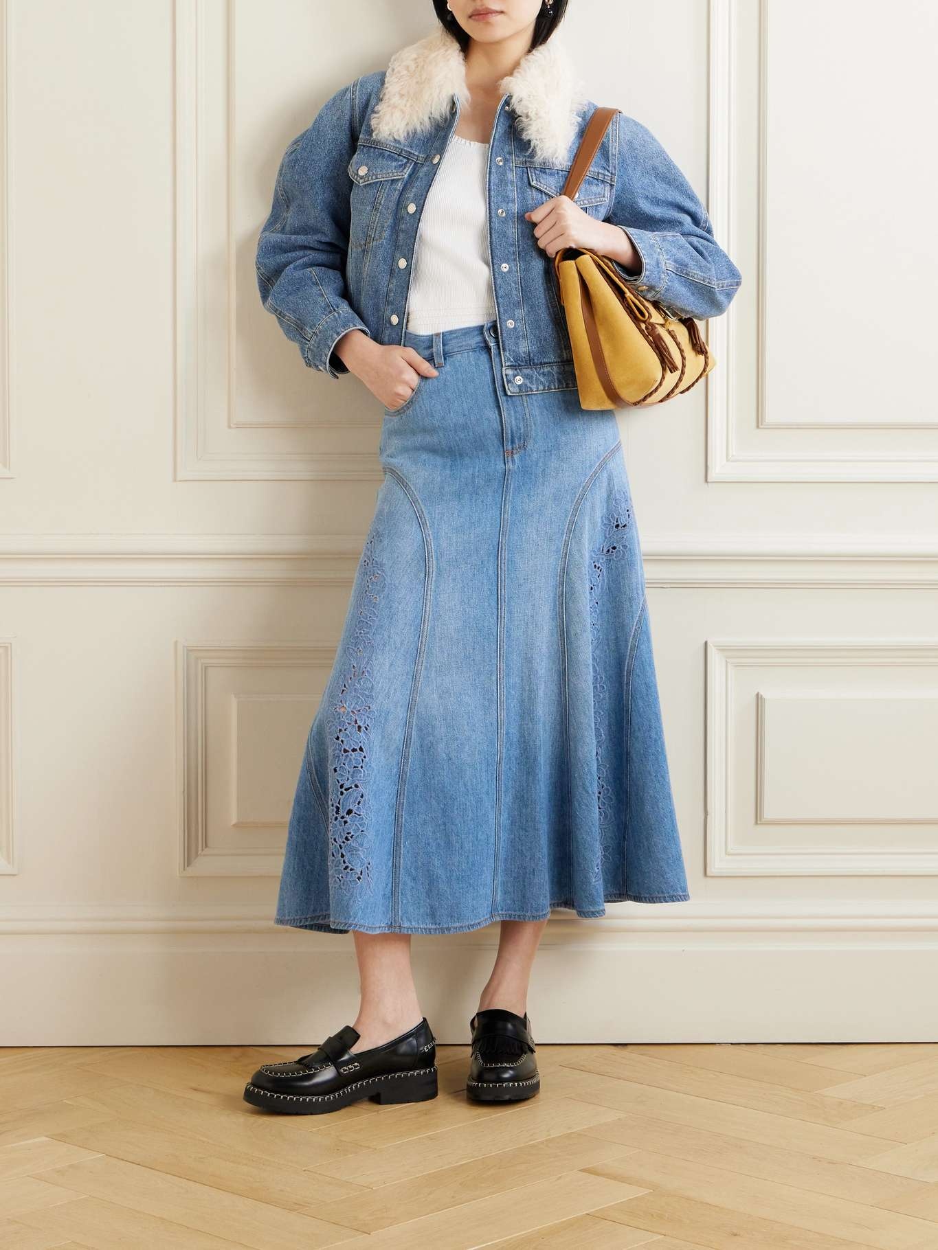 Chloé + NET SUSTAIN Broderie anglaise-trimmed recycled denim