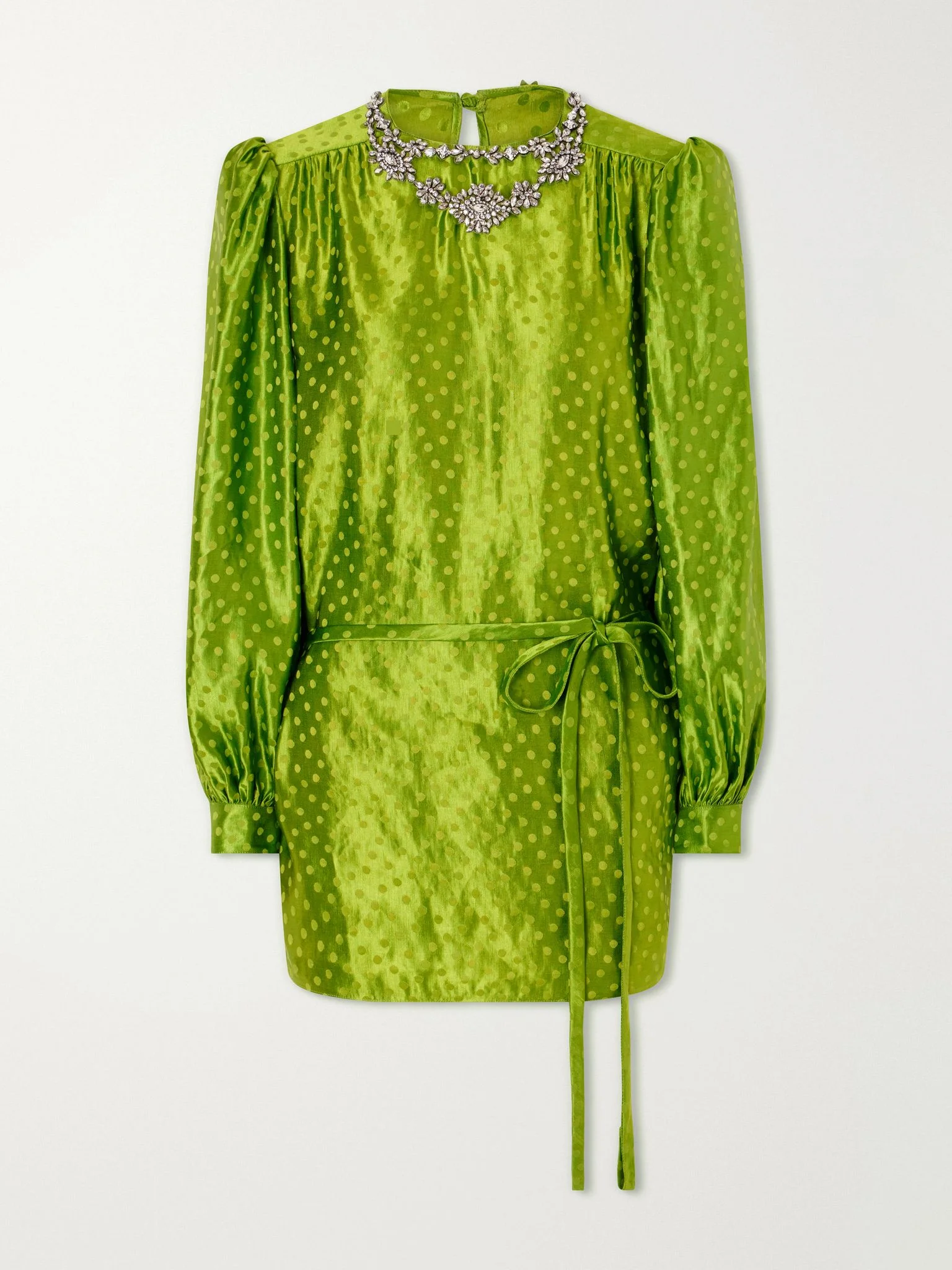 Belted crystal-embellished polka-dot devoré linen and silk-blend mini dress Green - 1
