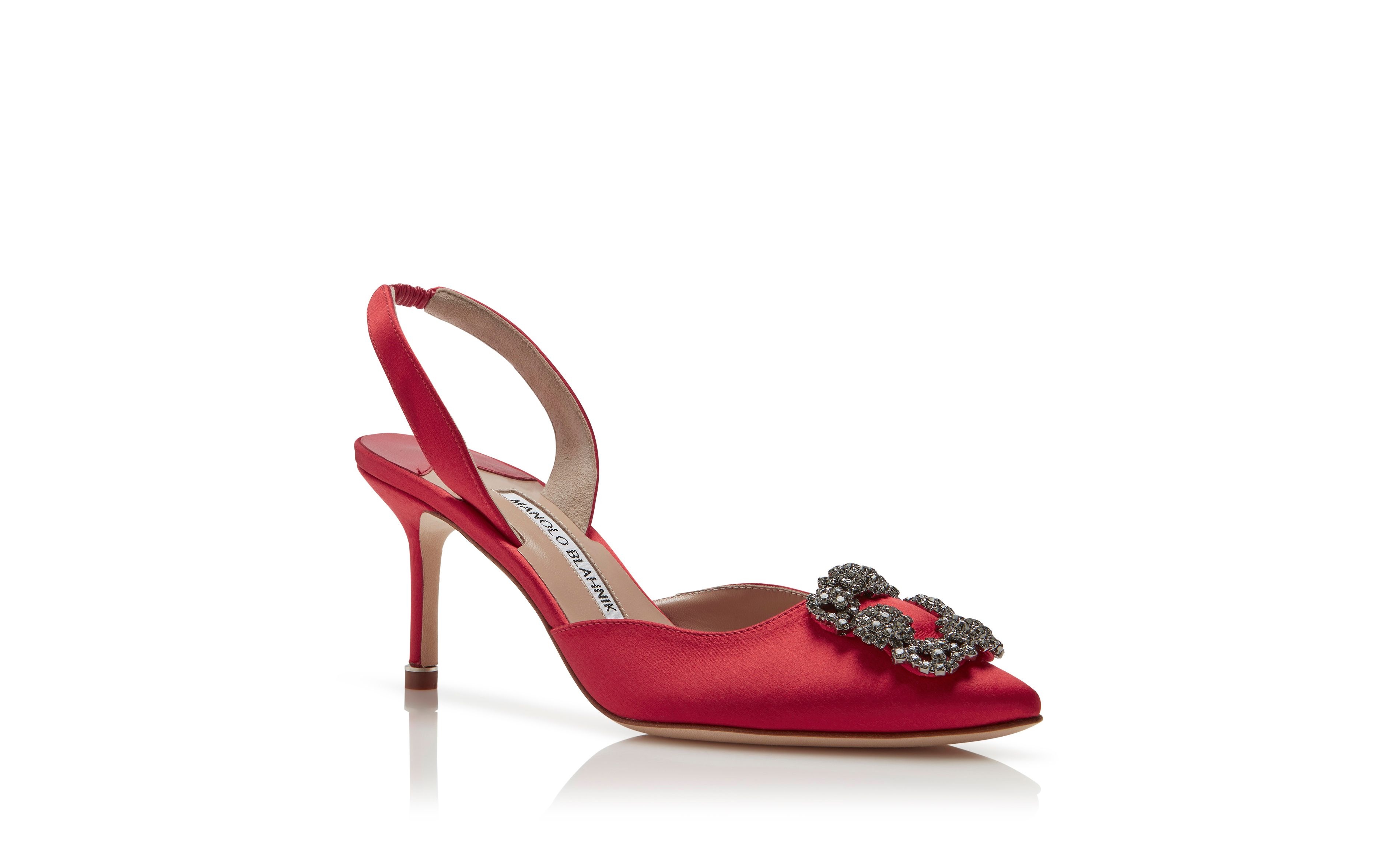 Red Satin Jewel Buckle Slingback Pumps - 3