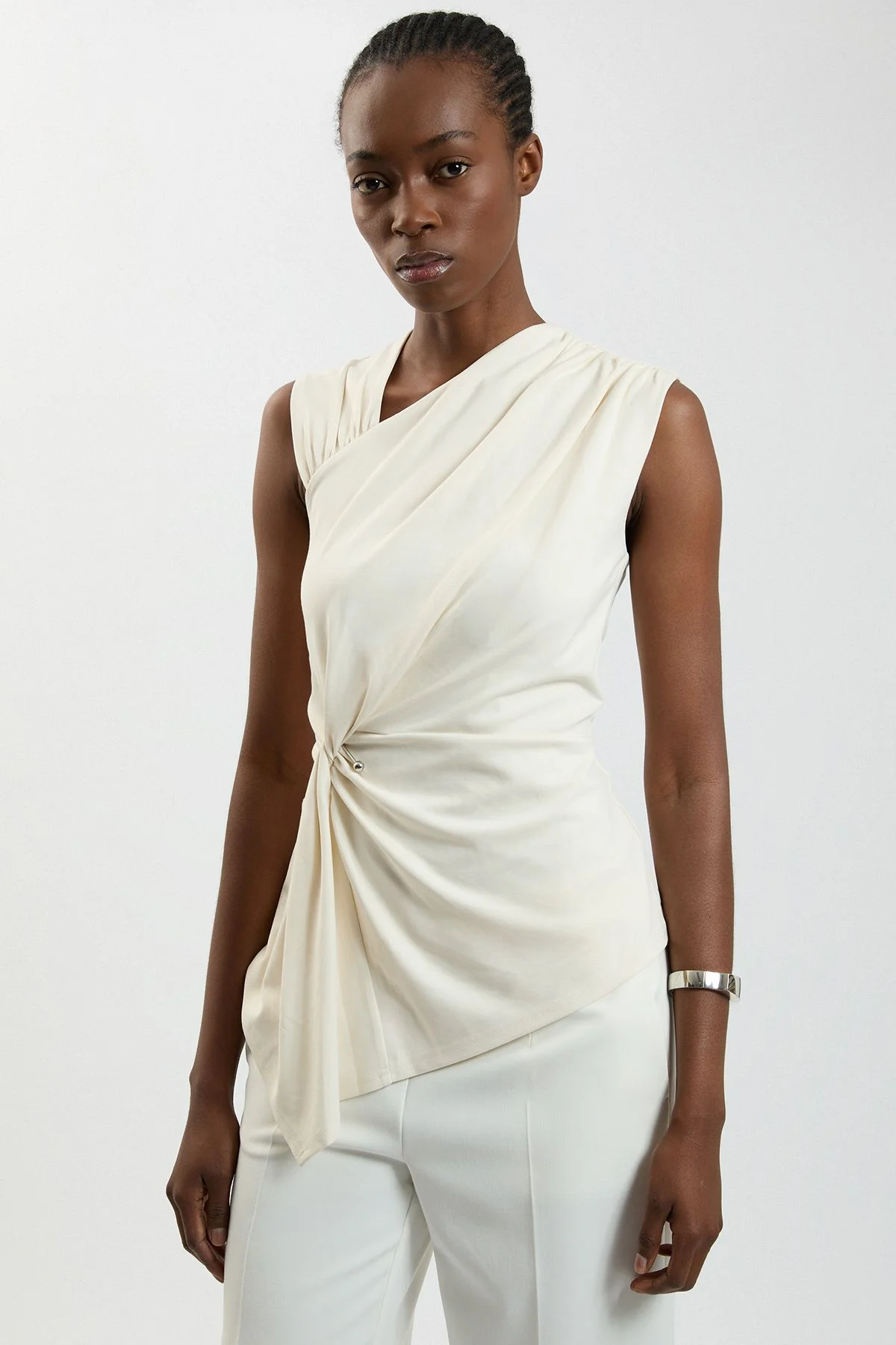 Viscose Metal Clasp Detail Jersey Top With Asymmetrical Hem - 1