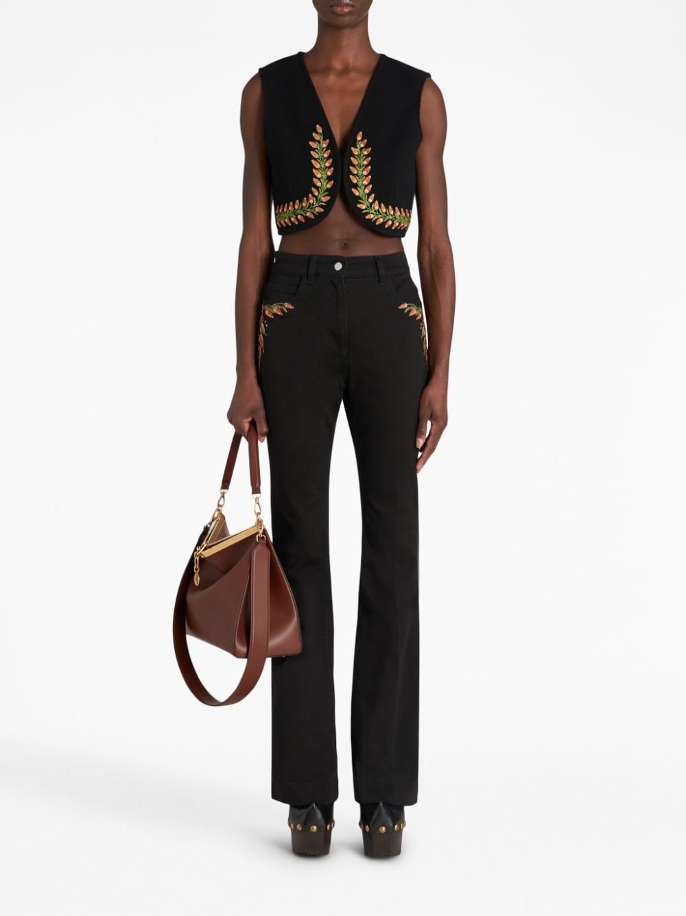 foliage-embroidered mid-rise flared jeans - 2