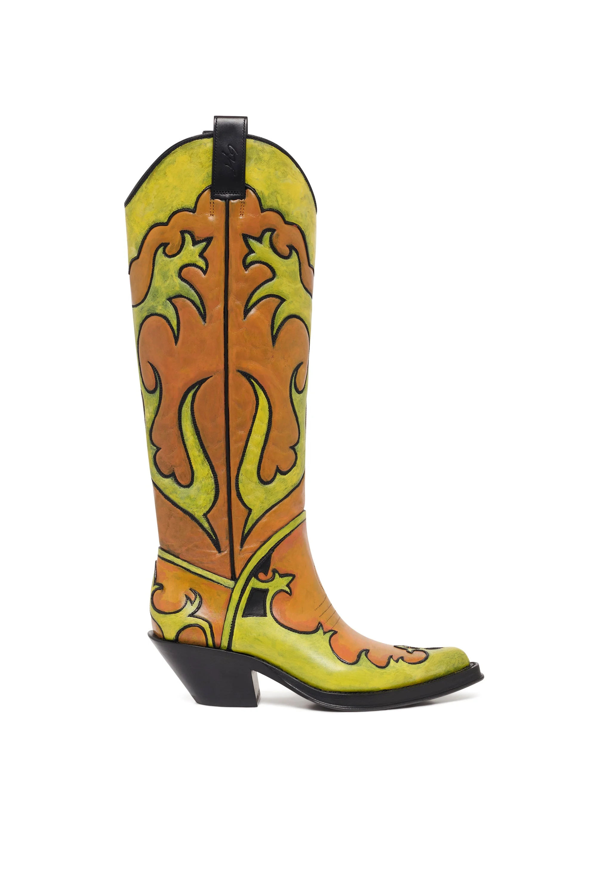 Hand Painted Capitana Cowboy Boot in Orange & Yellow Leather - 1