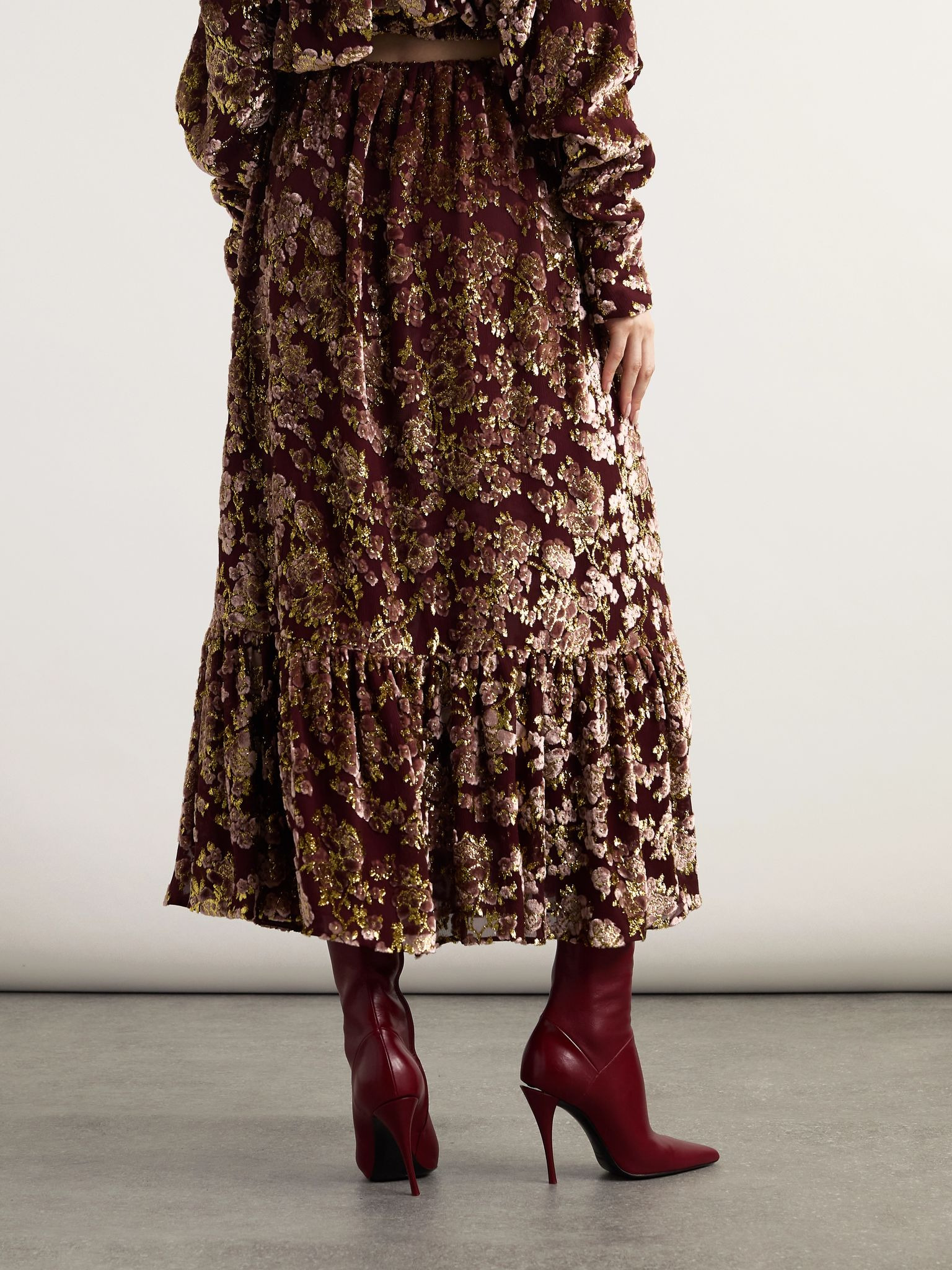 Tiered metallic devoré-velvet maxi skirt Burgundy - 3