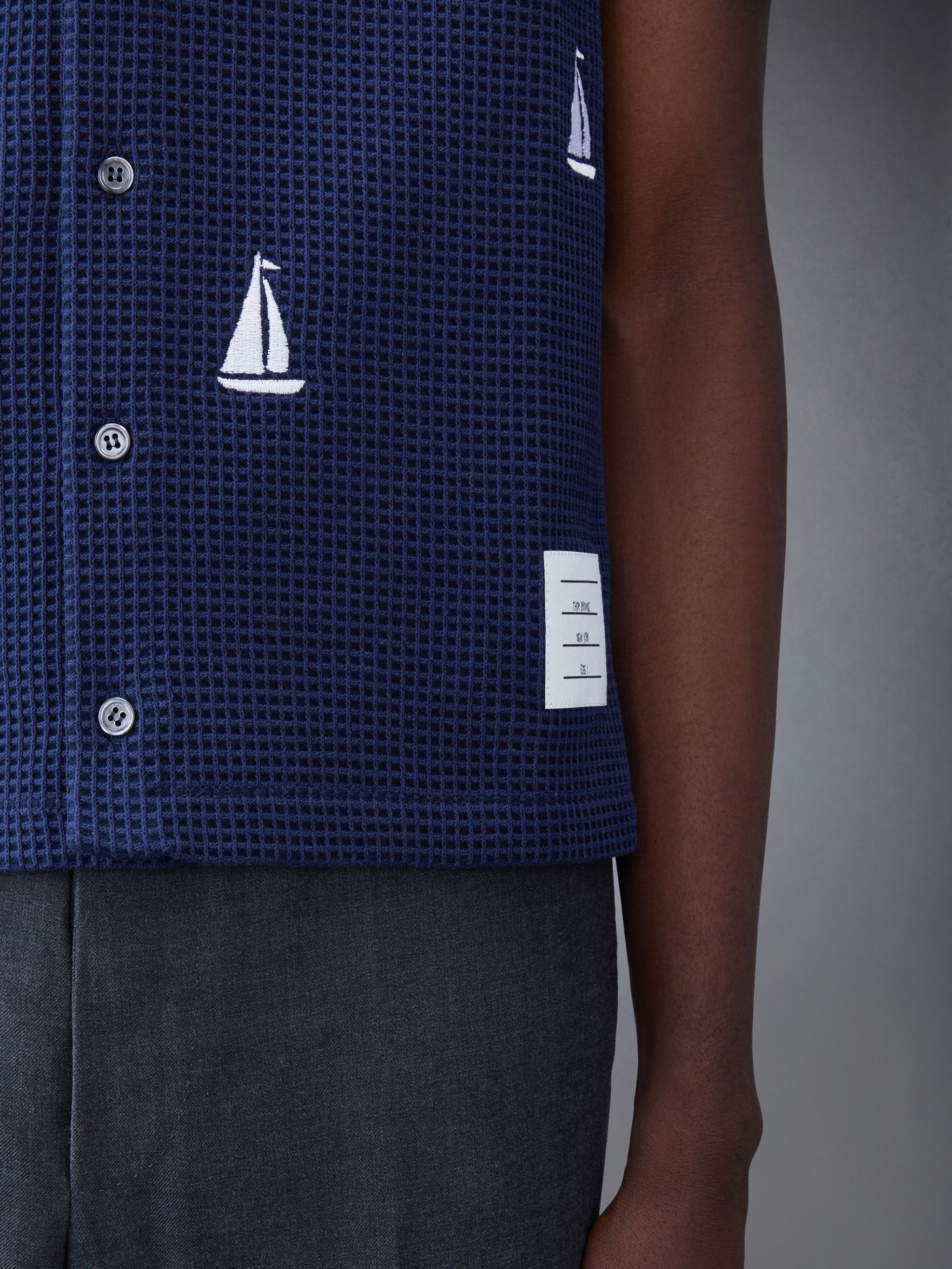 Textured Check Whale and Sailboat Short Sleeve Shirt - 5