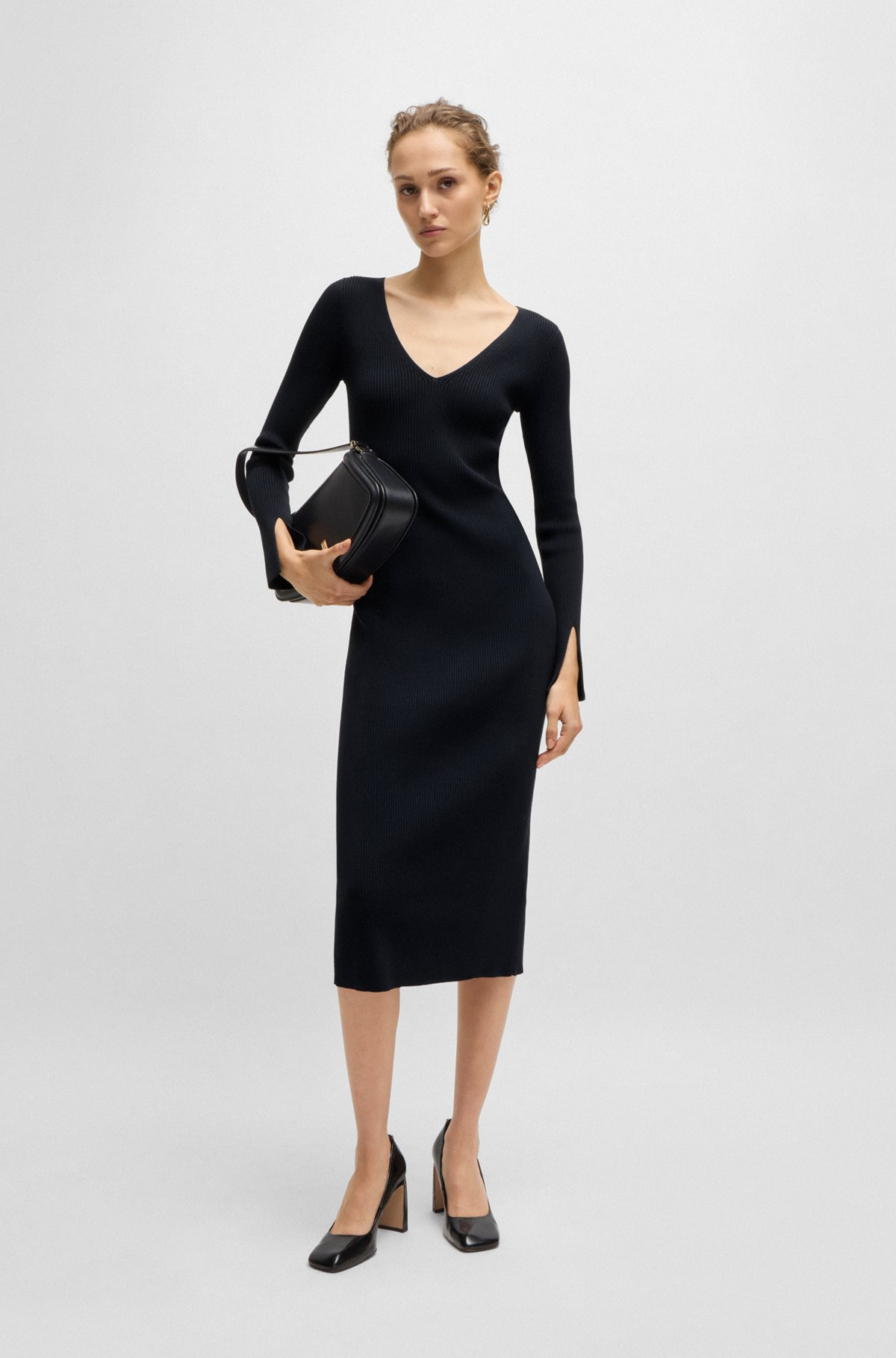 LONG-SLEEVED V-NECK DRESS WITH RIBBED KNIT - 3