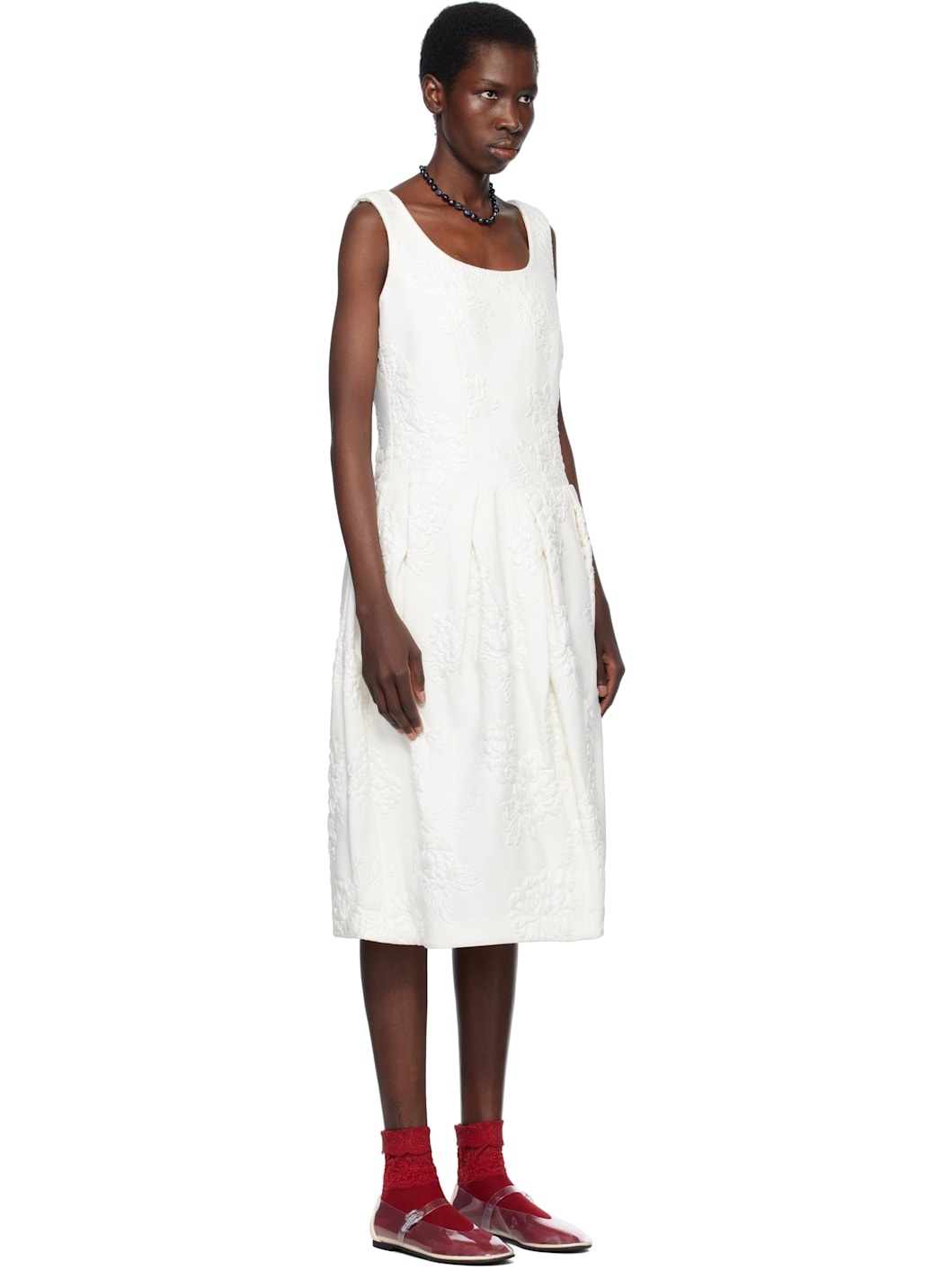 White Floating Jacquard Flower Pattern Midi Dress - 2
