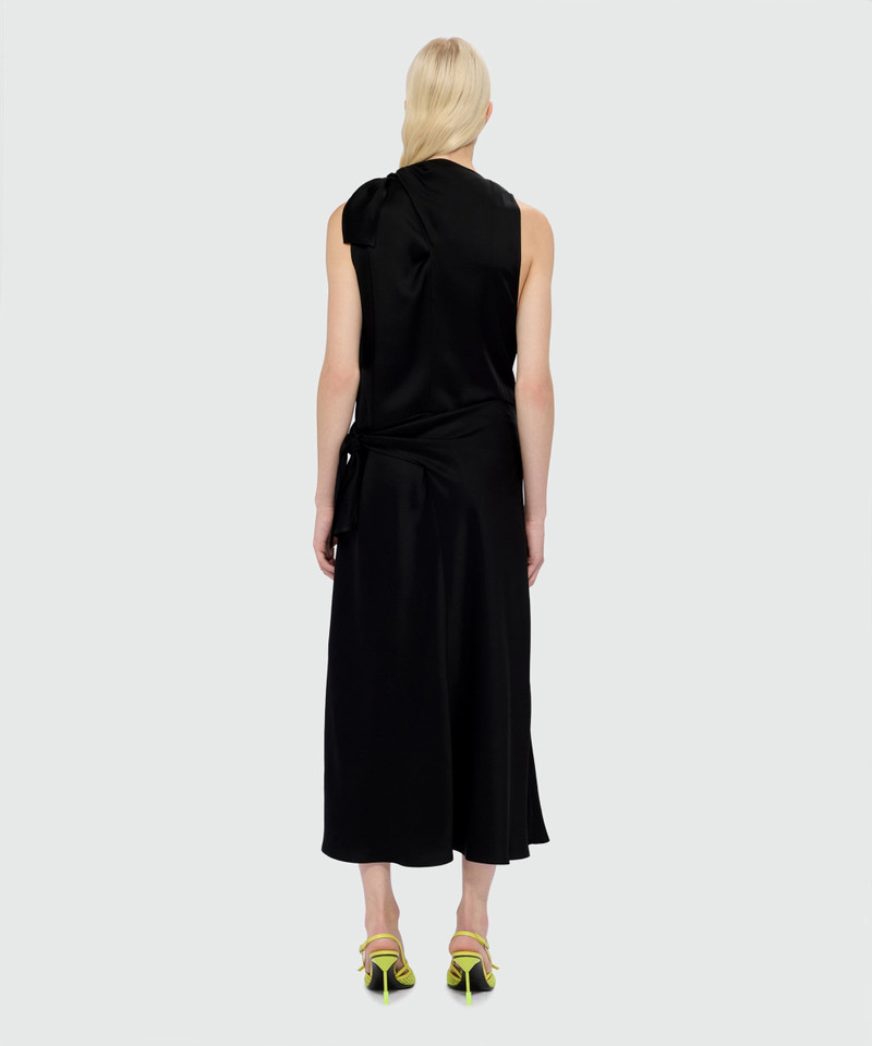 Black satin midi dress with tie belt and pareo effect 3
