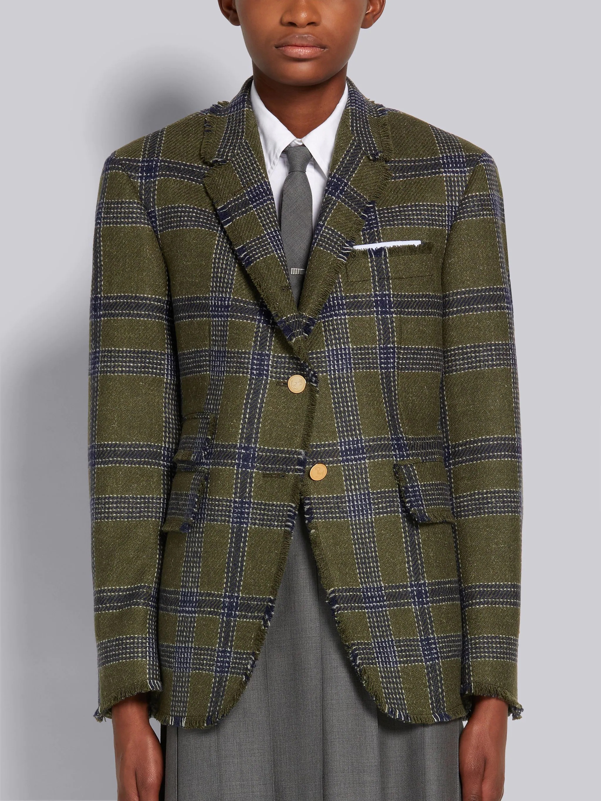 Dark Green Hairline Madras Check British Wool Frayed Nipped Waist Ticket Pocket Sport Coat - 1