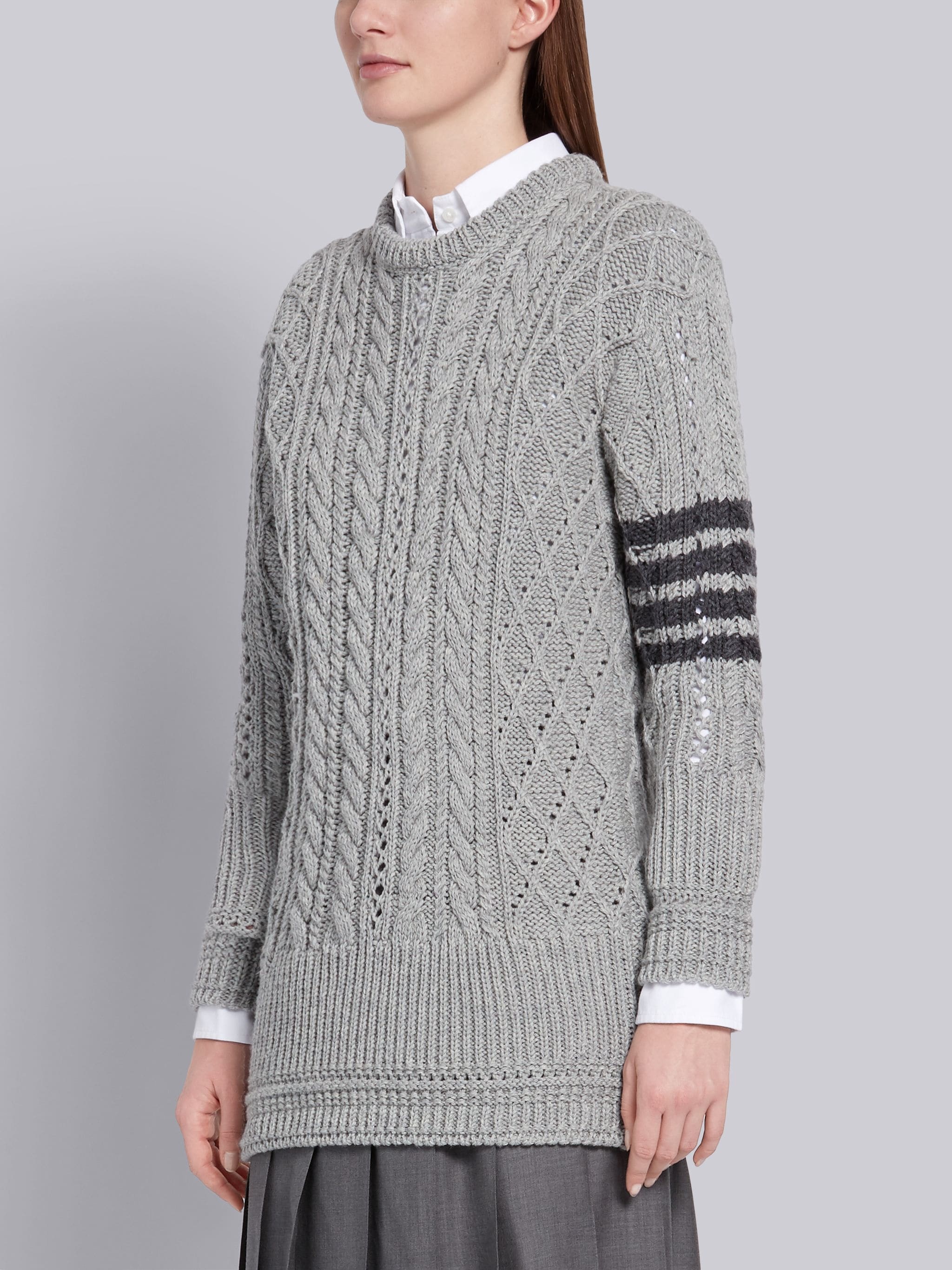 Light Grey Fine Merino Wool Aran Cable 4-Bar Crewneck - 2