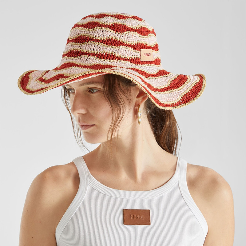 Hat Pink and red crochet cotton and raffia hat 3
