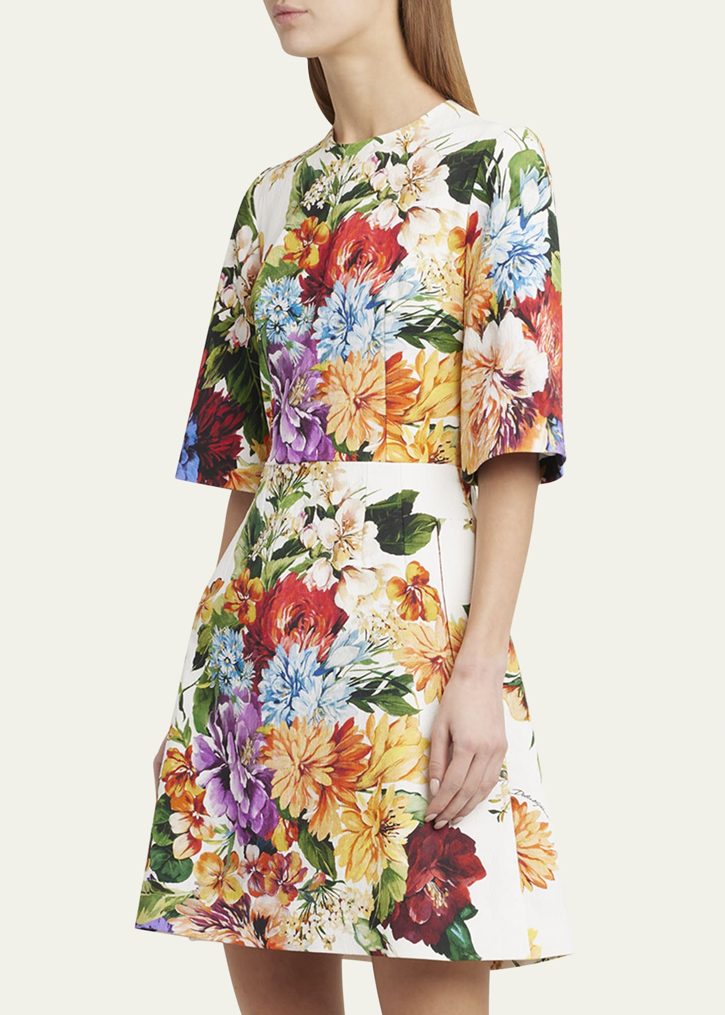 Floral Bouquet Short-Sleeve Creton Mini Dress - 4