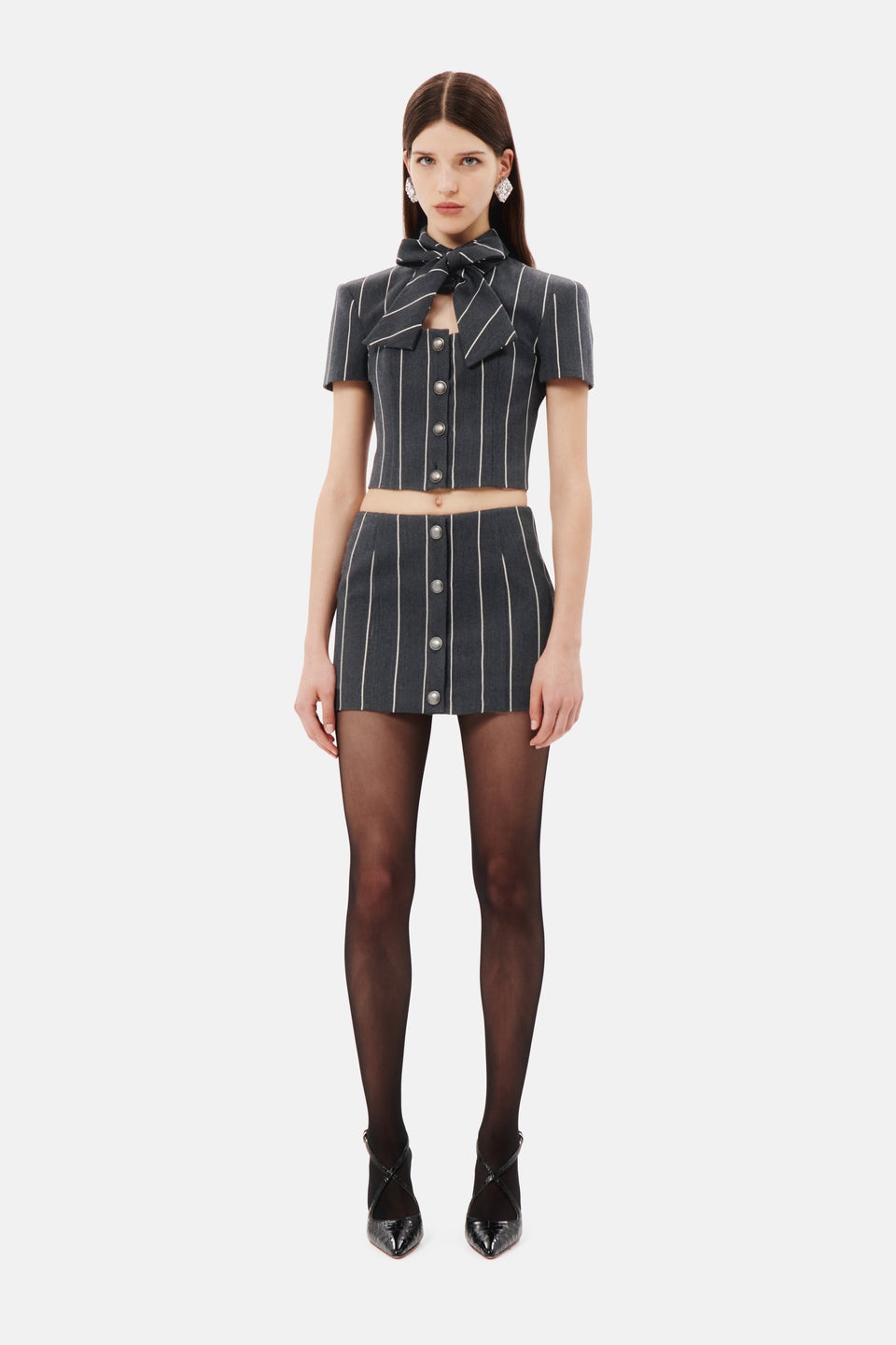 LIGHT WOOL PINSTRIPE LOW WAIST MINI SKIRT, BUTTONS - 4