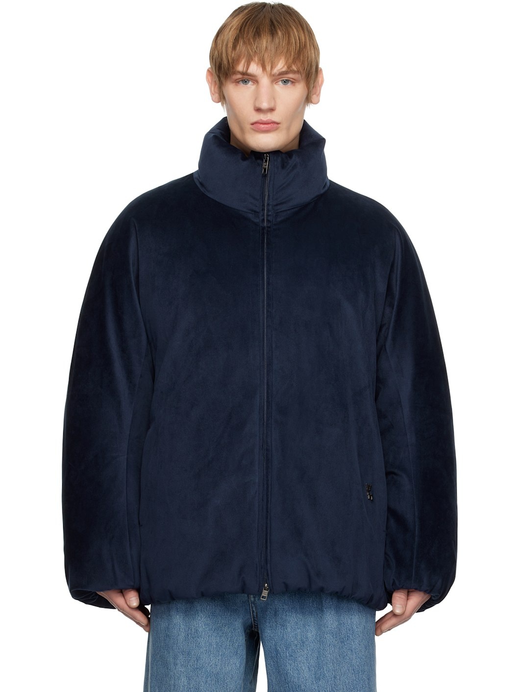 Navy Velour High Neck Goose Down Jacket - 1