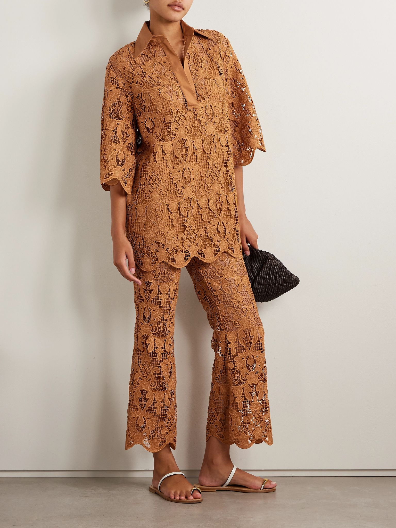 Coco belted guipure lace cotton flared pants Camel - 2