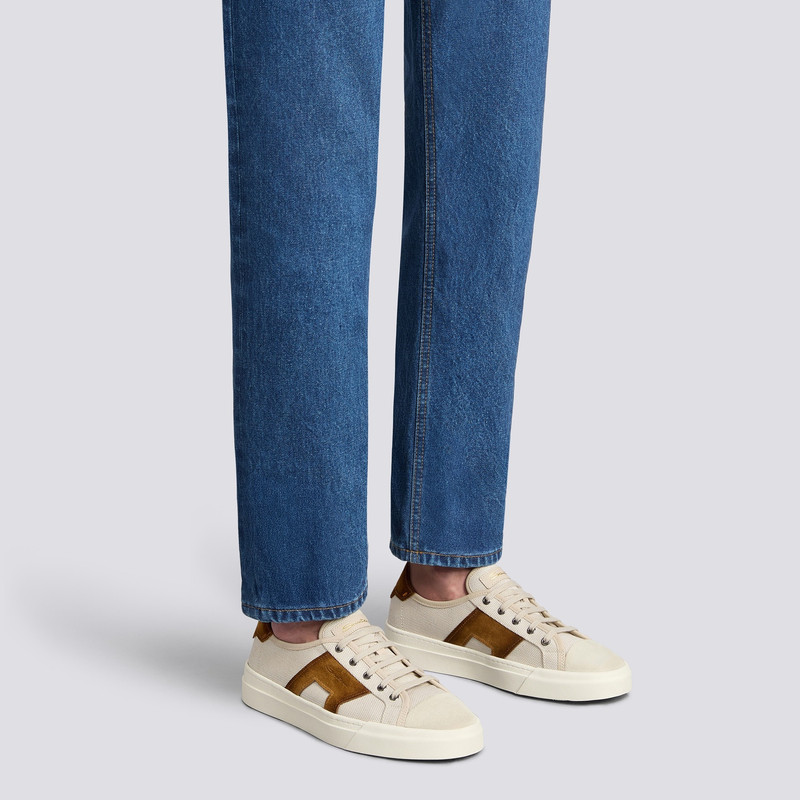 Santoni Men's beige and brown canvas and suede Double Buckle Sneaker outlook