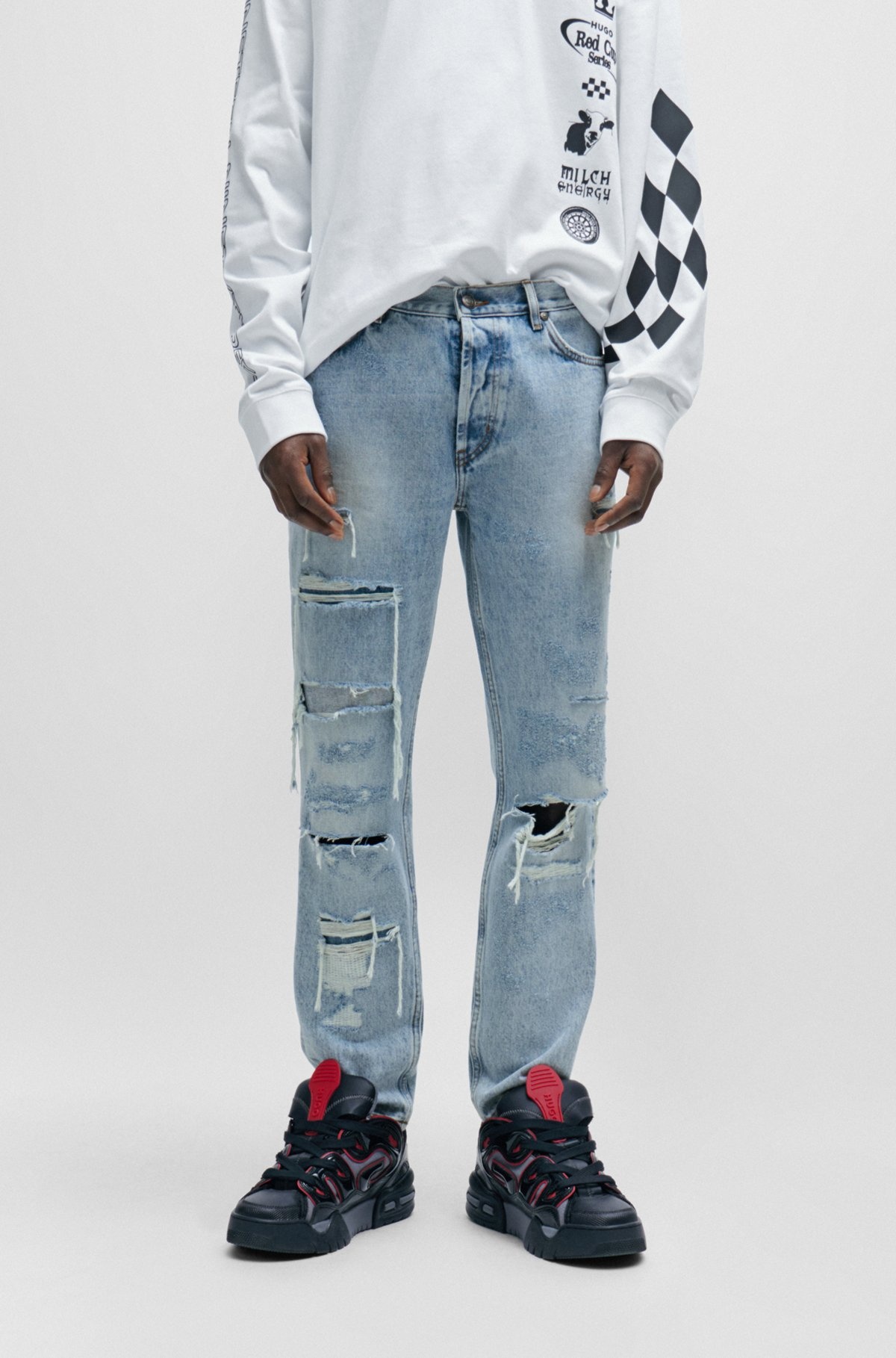 TAPERED-FIT JEANS IN BLUE DENIM WITH DESTROYED DETAILS - 2