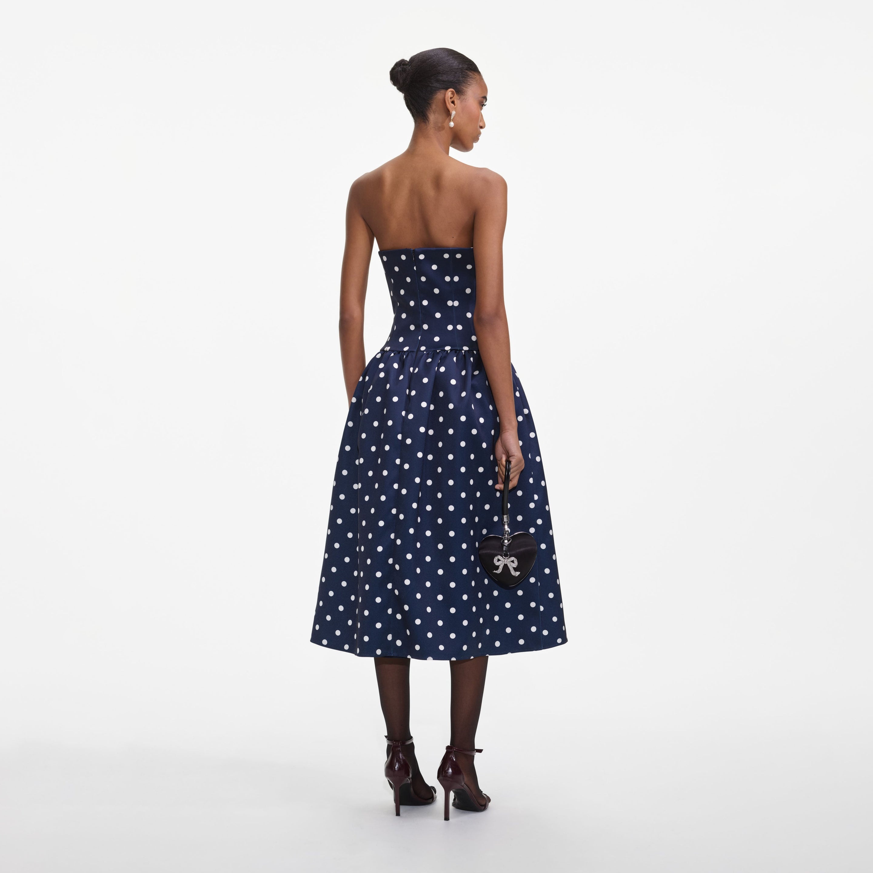 Navy Polka Dot Satin Midi Dress - 3