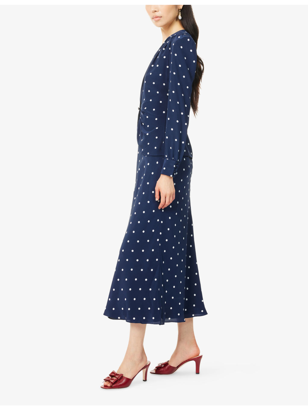 Polka-Dot Plunge-V-Neck Silk Midi Dress - 3