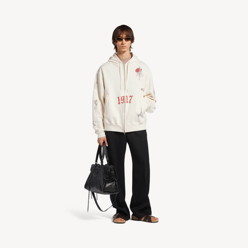 BALENCIAGA Men's Tattoo Oversized Zip-up Hoodie in Cream outlook