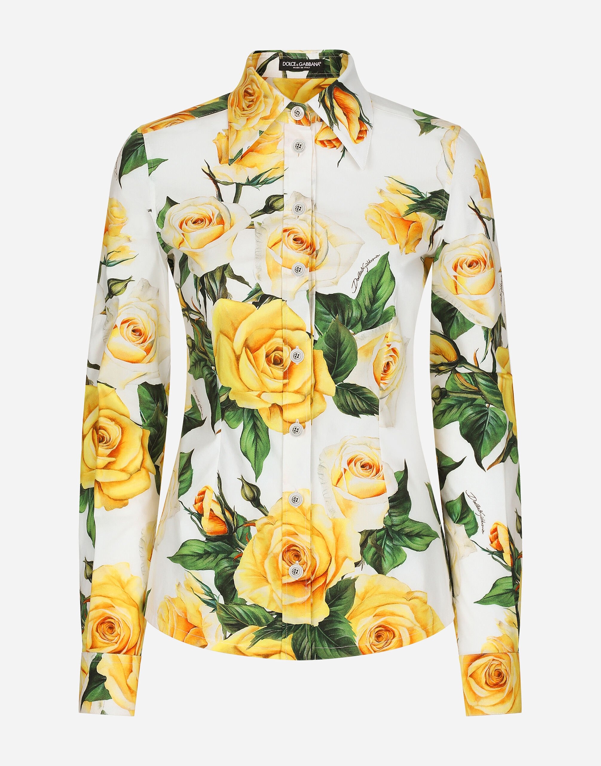 Long-sleeved cotton shirt with yellow rose print - 1