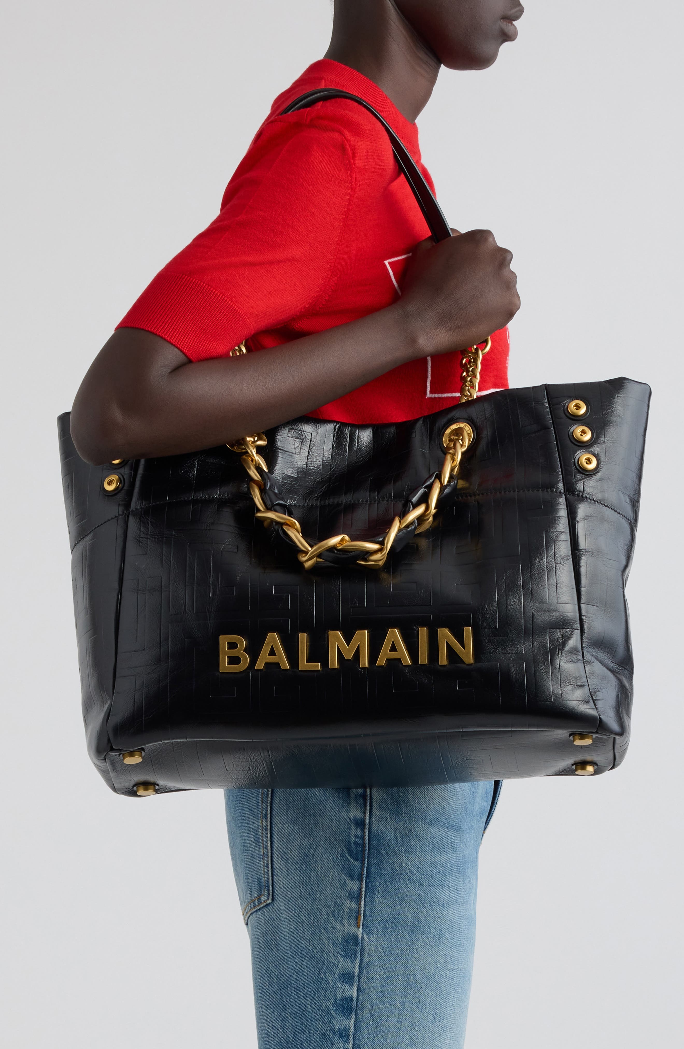Balmain Small 1945 Monogram Embossed Soft Leather Tote in 0Pa Black at Nordstrom - 3
