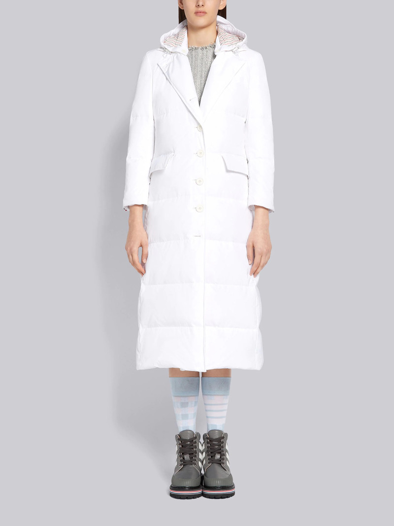 White Down Filled Poly Twill Center Back Stripe Wide Lapel Removable Hood Overcoat 1