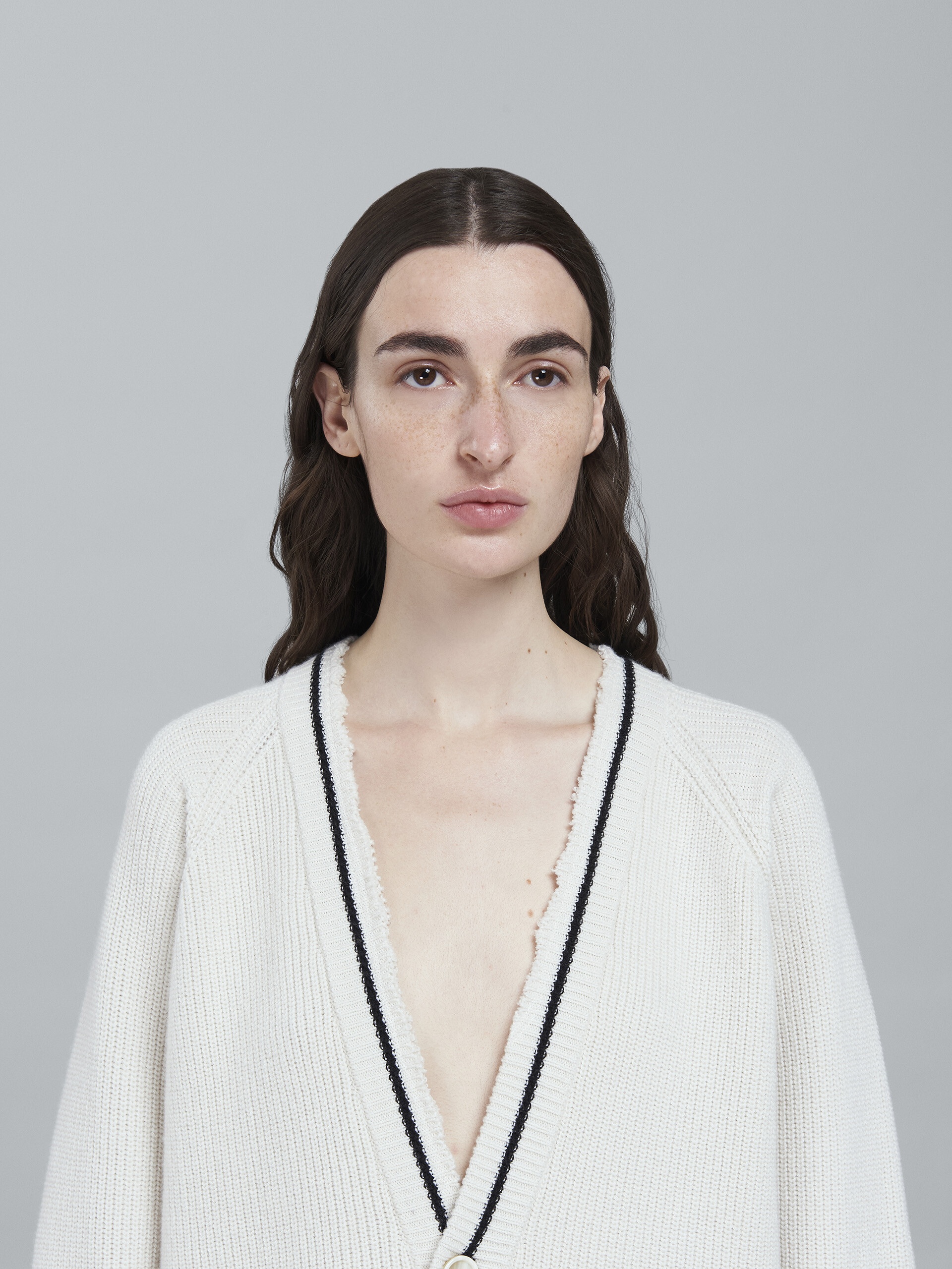 WHITE SHETLAND WOOL AND COTTON LONG CARDIGAN - 4