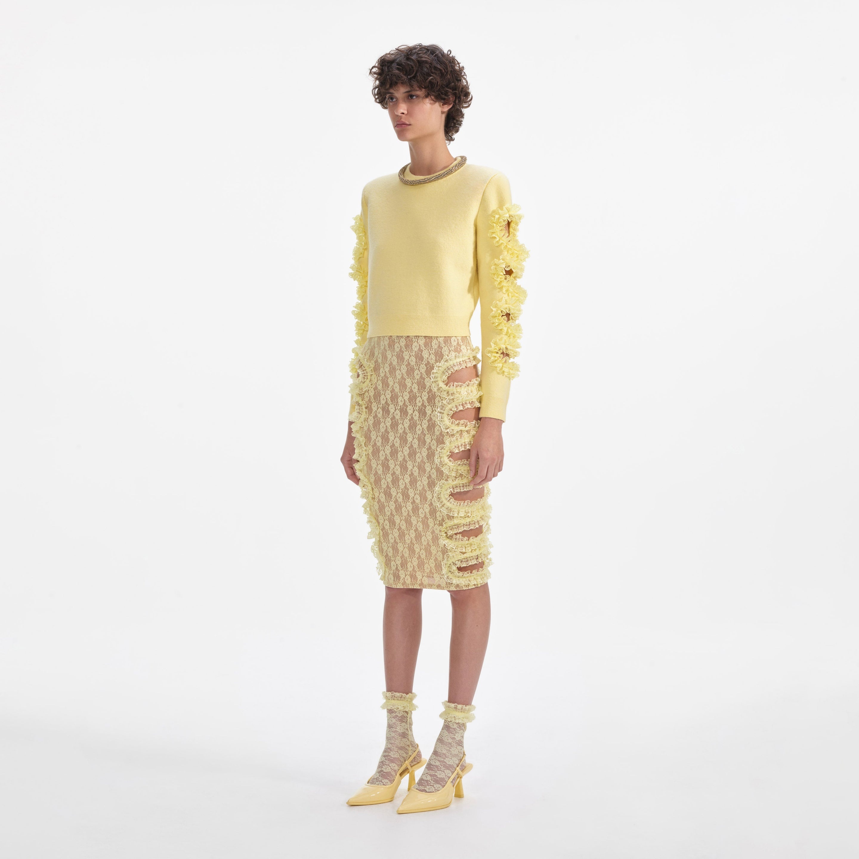 Yellow Cut Out Lace Detail Jumper - 2